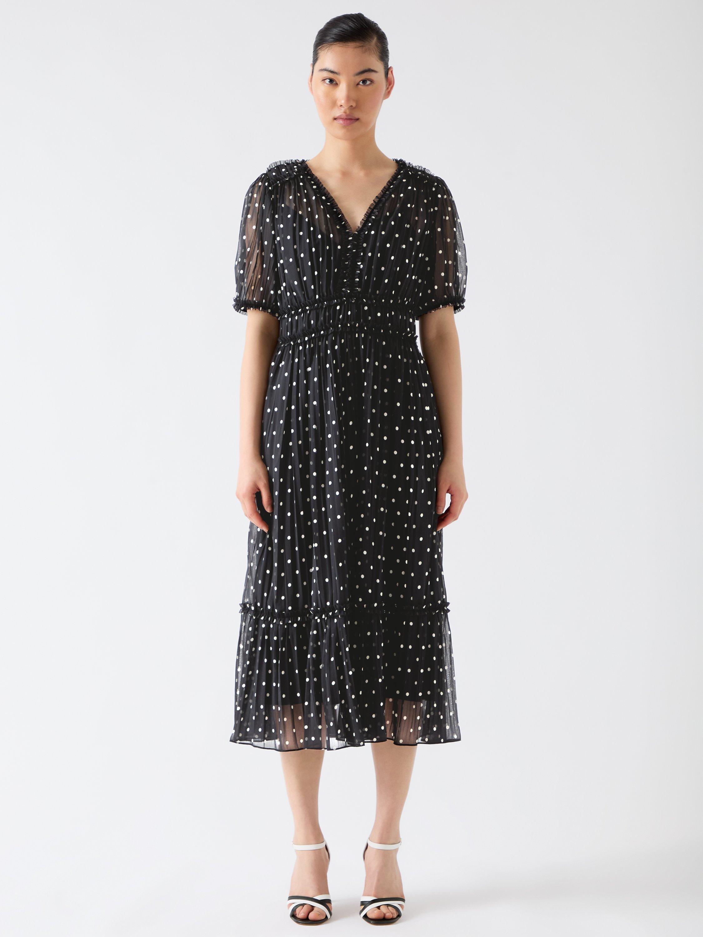 Product image 1 of 6, which shows L.K.Bennett Gigi Polka Dot Plisse Dress, Black/White, 6