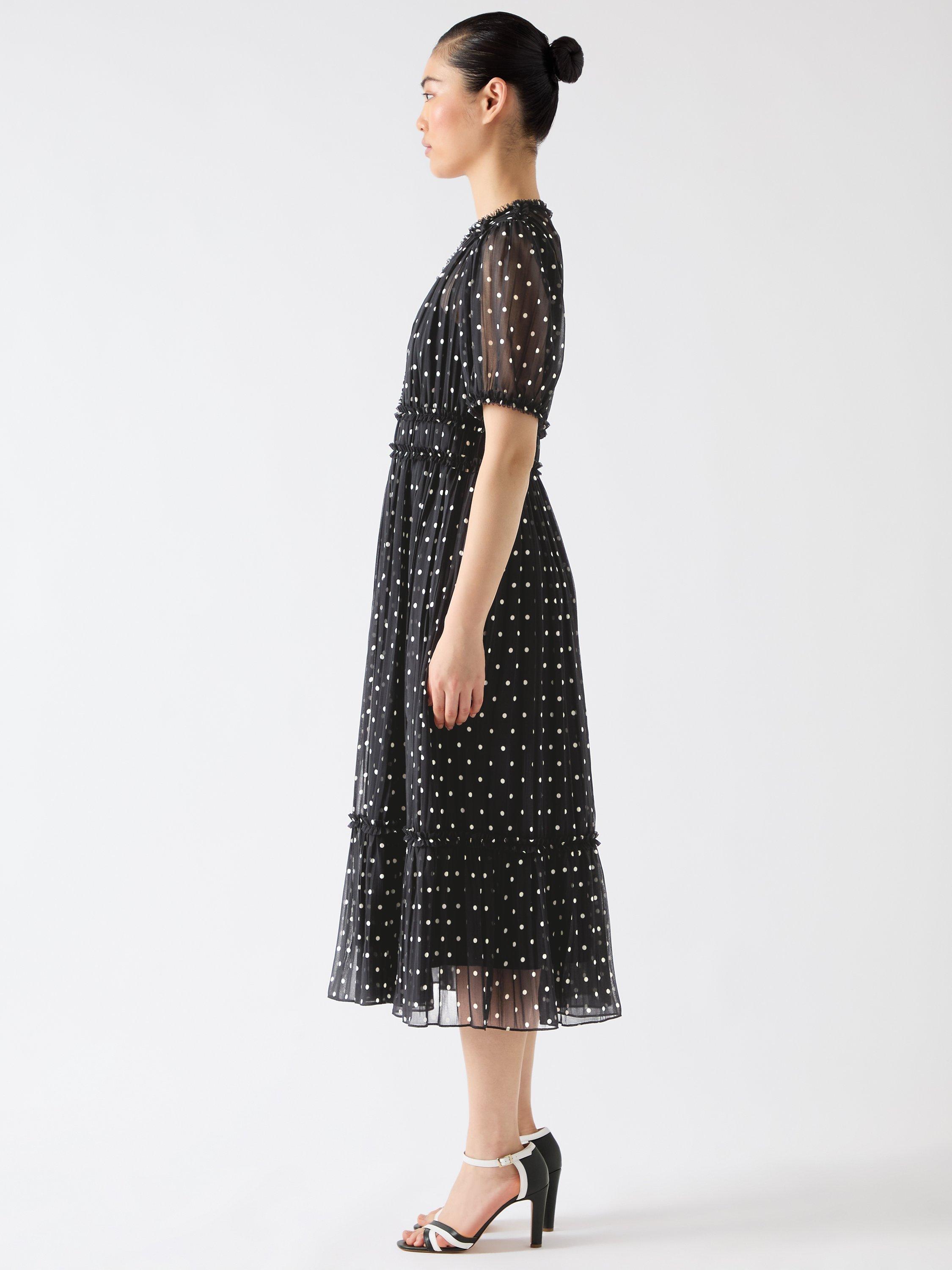 Product image 2 of 6, which shows L.K.Bennett Gigi Polka Dot Plisse Dress, Black/White, 6