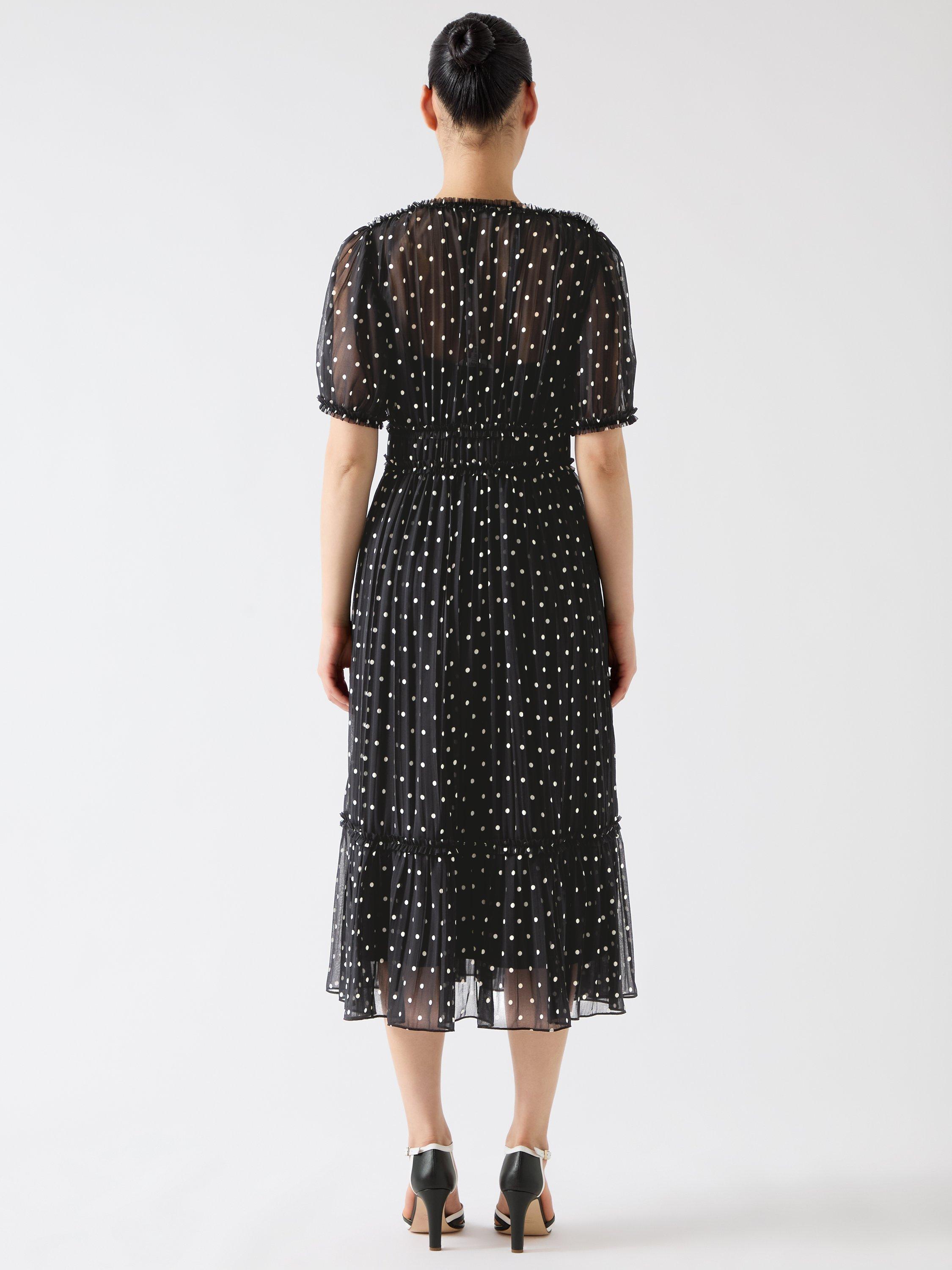 Product image 3 of 6, which shows L.K.Bennett Gigi Polka Dot Plisse Dress, Black/White, 6
