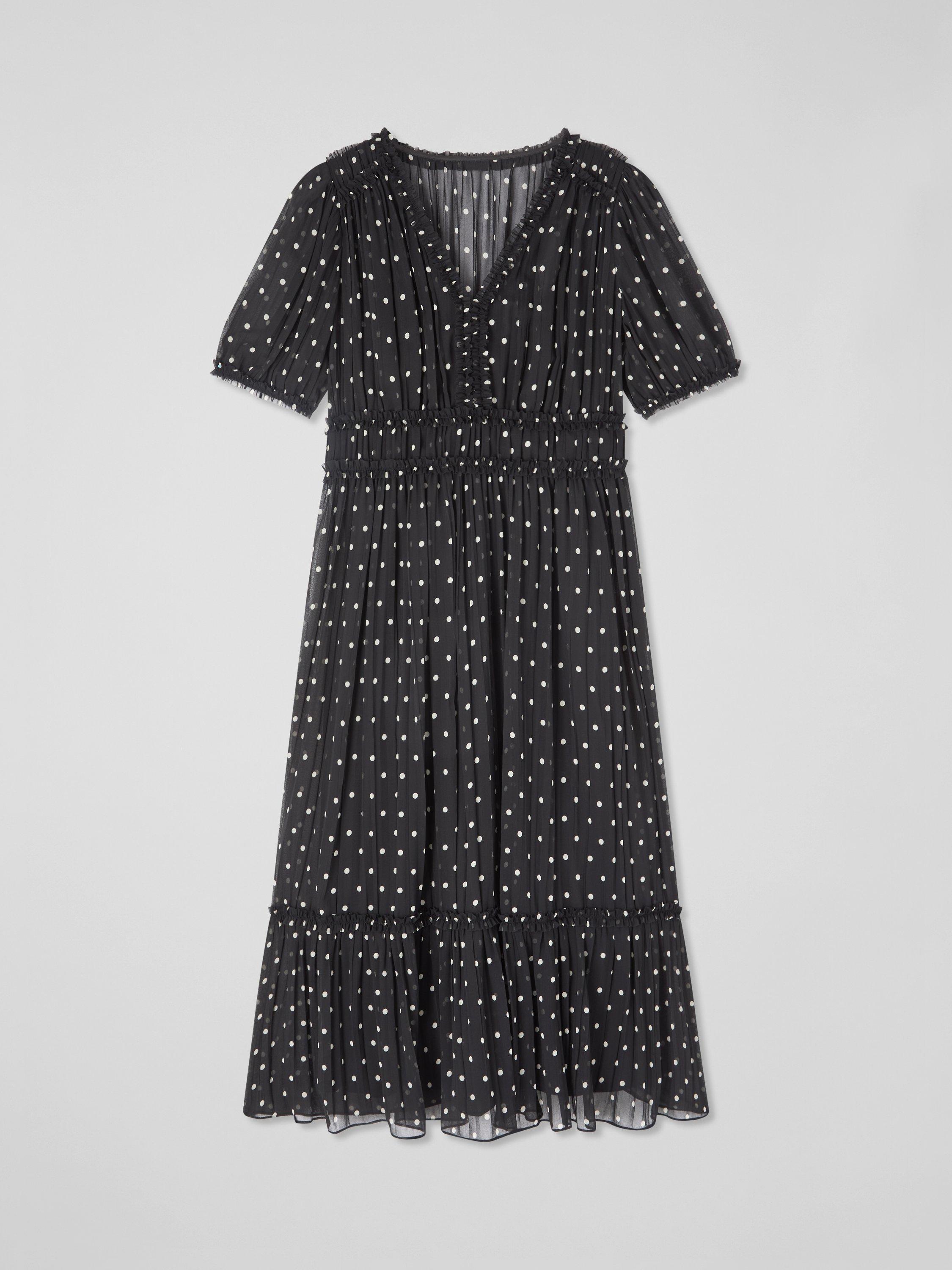 Product image 4 of 6, which shows L.K.Bennett Gigi Polka Dot Plisse Dress, Black/White, 6