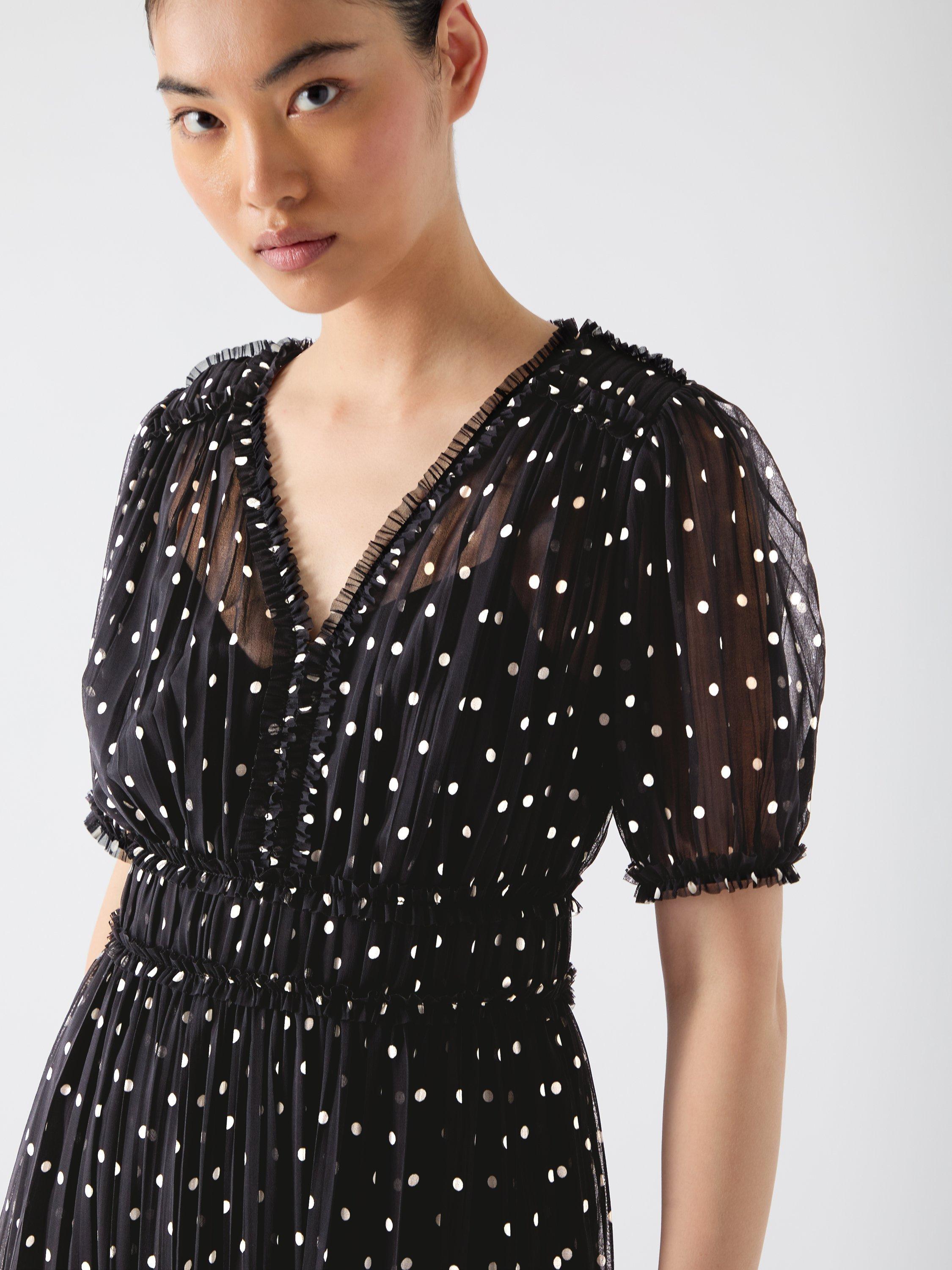 Product image 5 of 6, which shows L.K.Bennett Gigi Polka Dot Plisse Dress, Black/White, 6