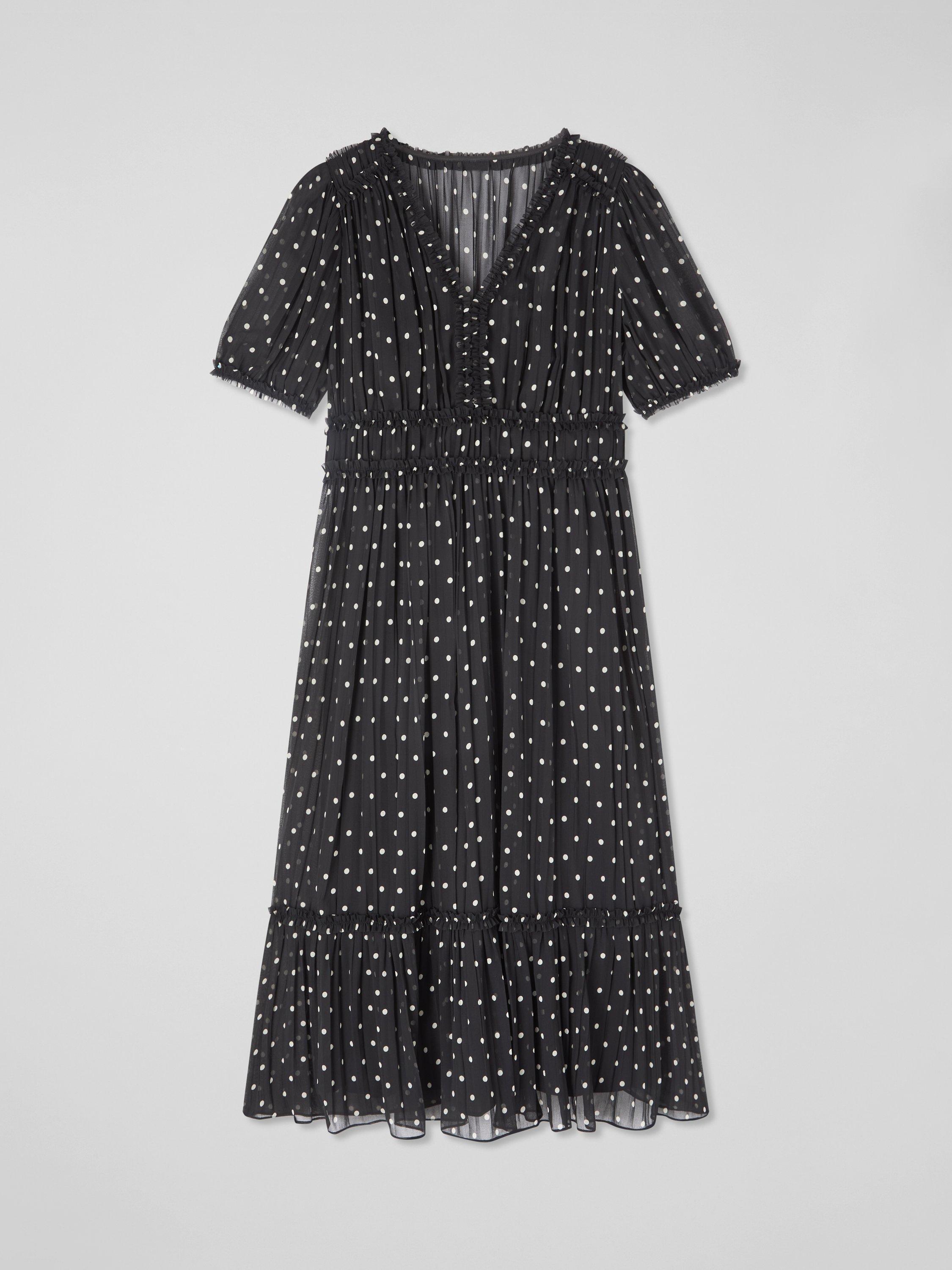 Product image 6 of 6, which shows L.K.Bennett Gigi Polka Dot Plisse Dress, Black/White, 6