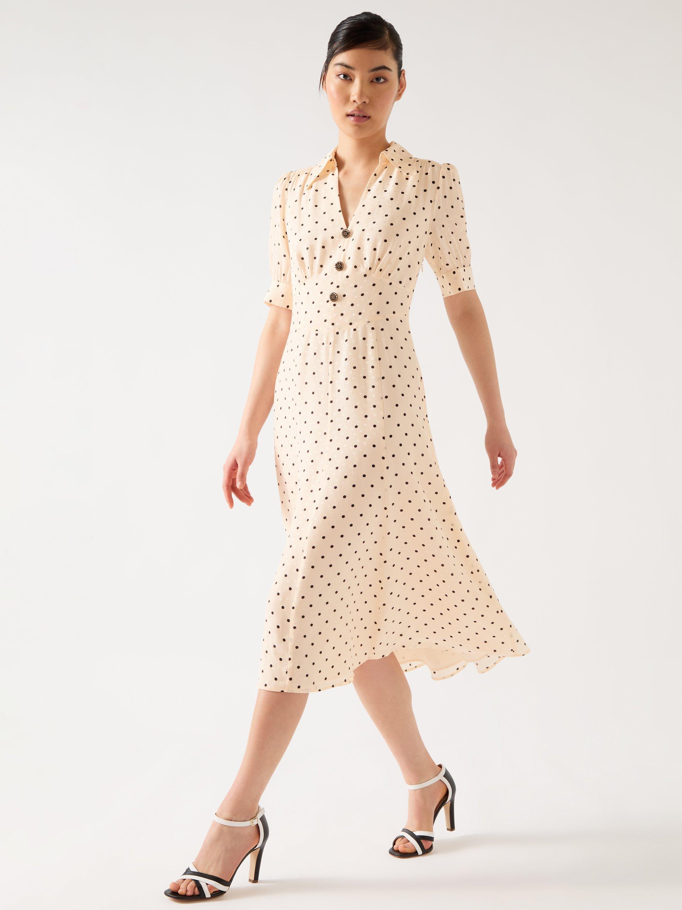 Product image 1 of 6, which shows L.K.Bennett Royal Ascot Sophie Polka Dot Dress, Cream, 10