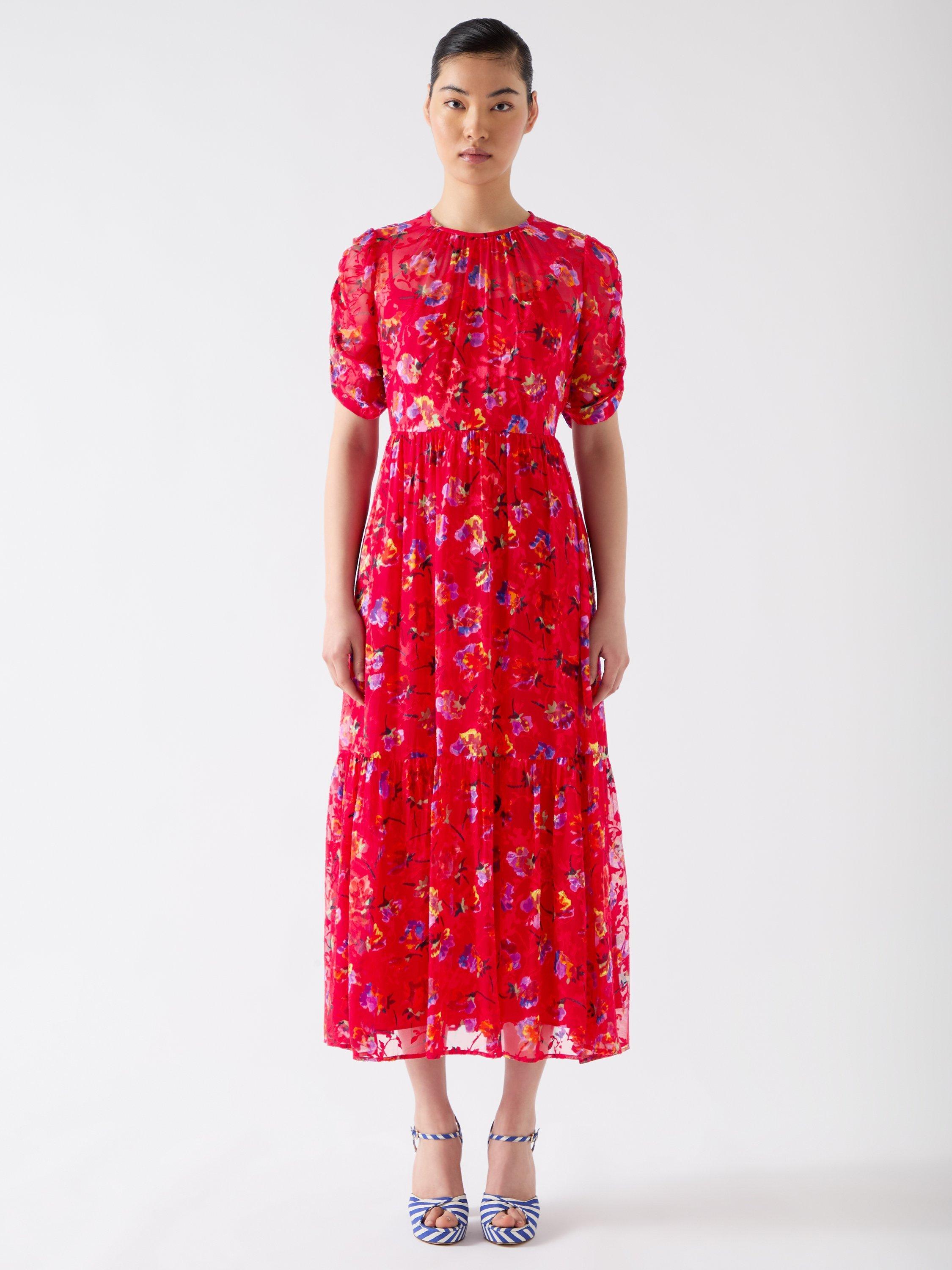 Product image 1 of 4, which shows L.K.Bennett Tilly Ikat Floral Silk Rich Dress, Aurora Red, 10