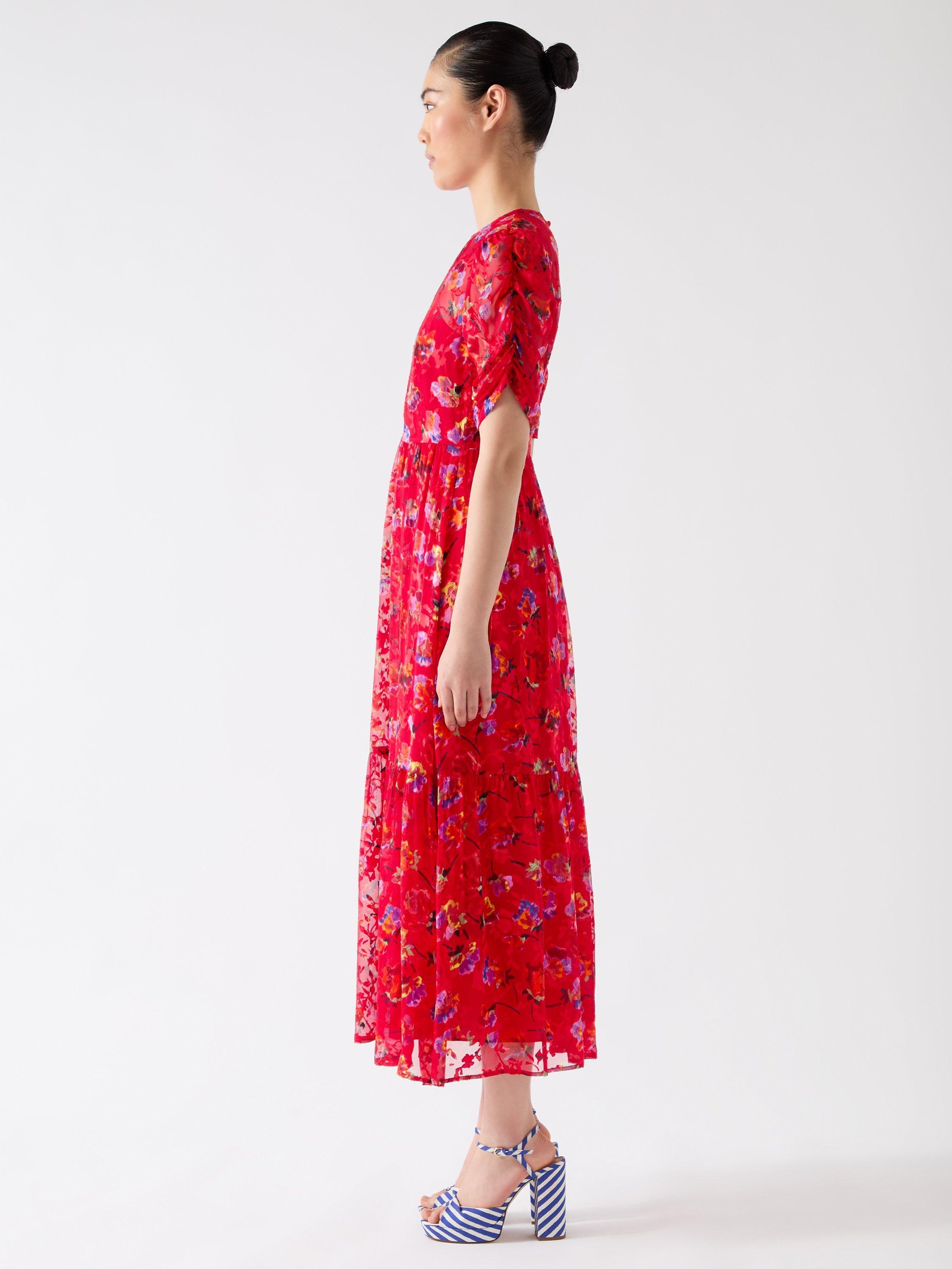 Product image 2 of 4, which shows L.K.Bennett Tilly Ikat Floral Silk Rich Dress, Aurora Red, 10