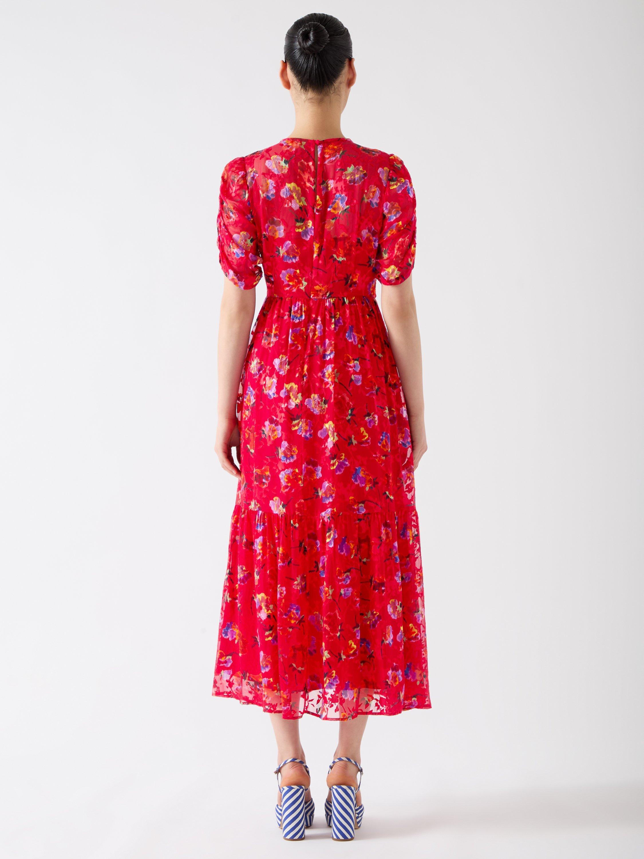 Product image 3 of 4, which shows L.K.Bennett Tilly Ikat Floral Silk Rich Dress, Aurora Red, 10