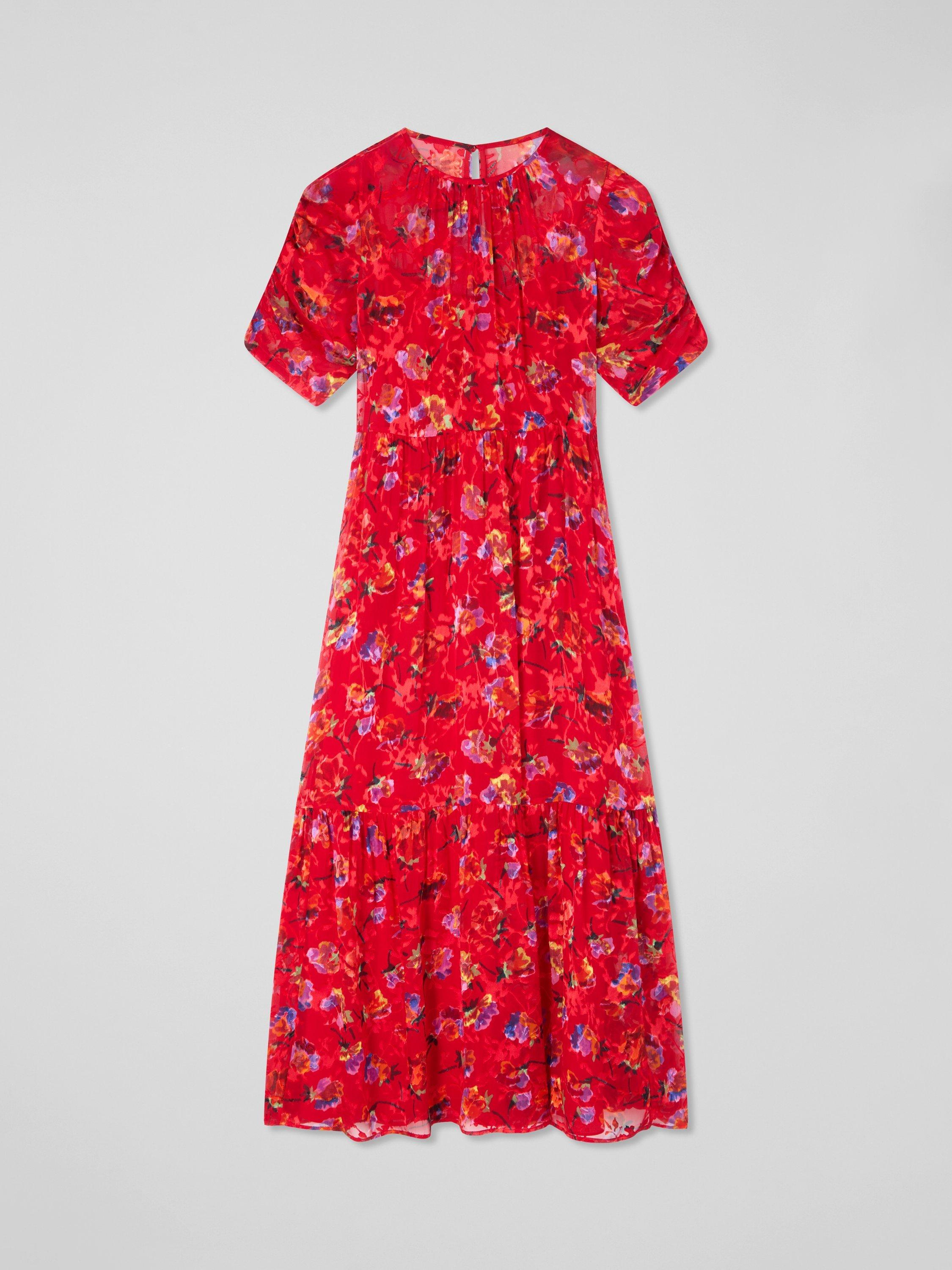 Product image 4 of 4, which shows L.K.Bennett Tilly Ikat Floral Silk Rich Dress, Aurora Red, 10