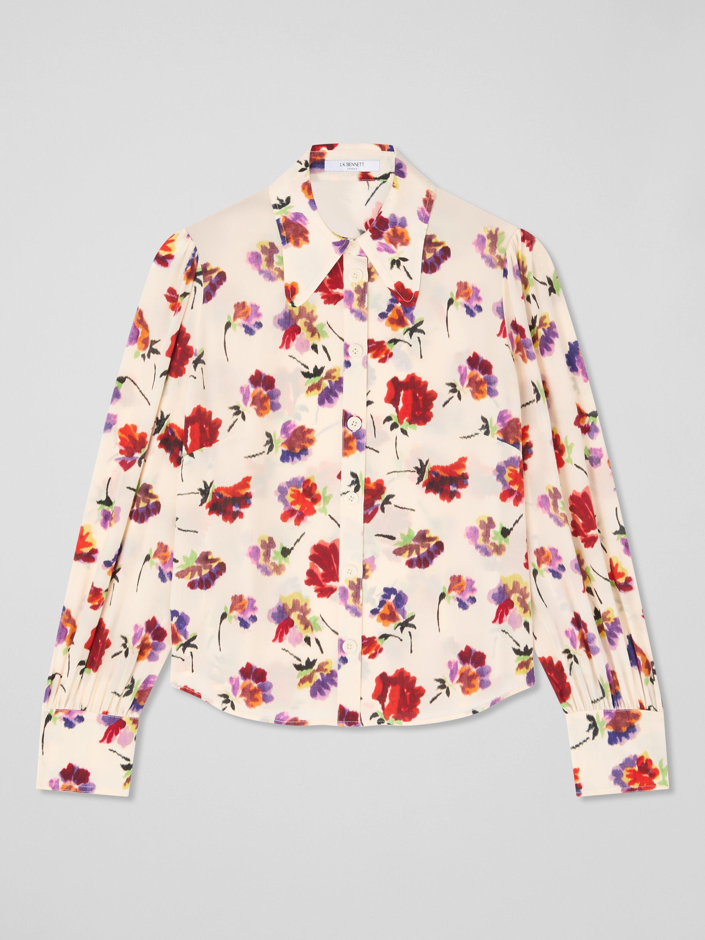 Product image 4 of 5, which shows L.K.Bennett Sonya Ikat Floral Pure Silk Top, Cream, 6