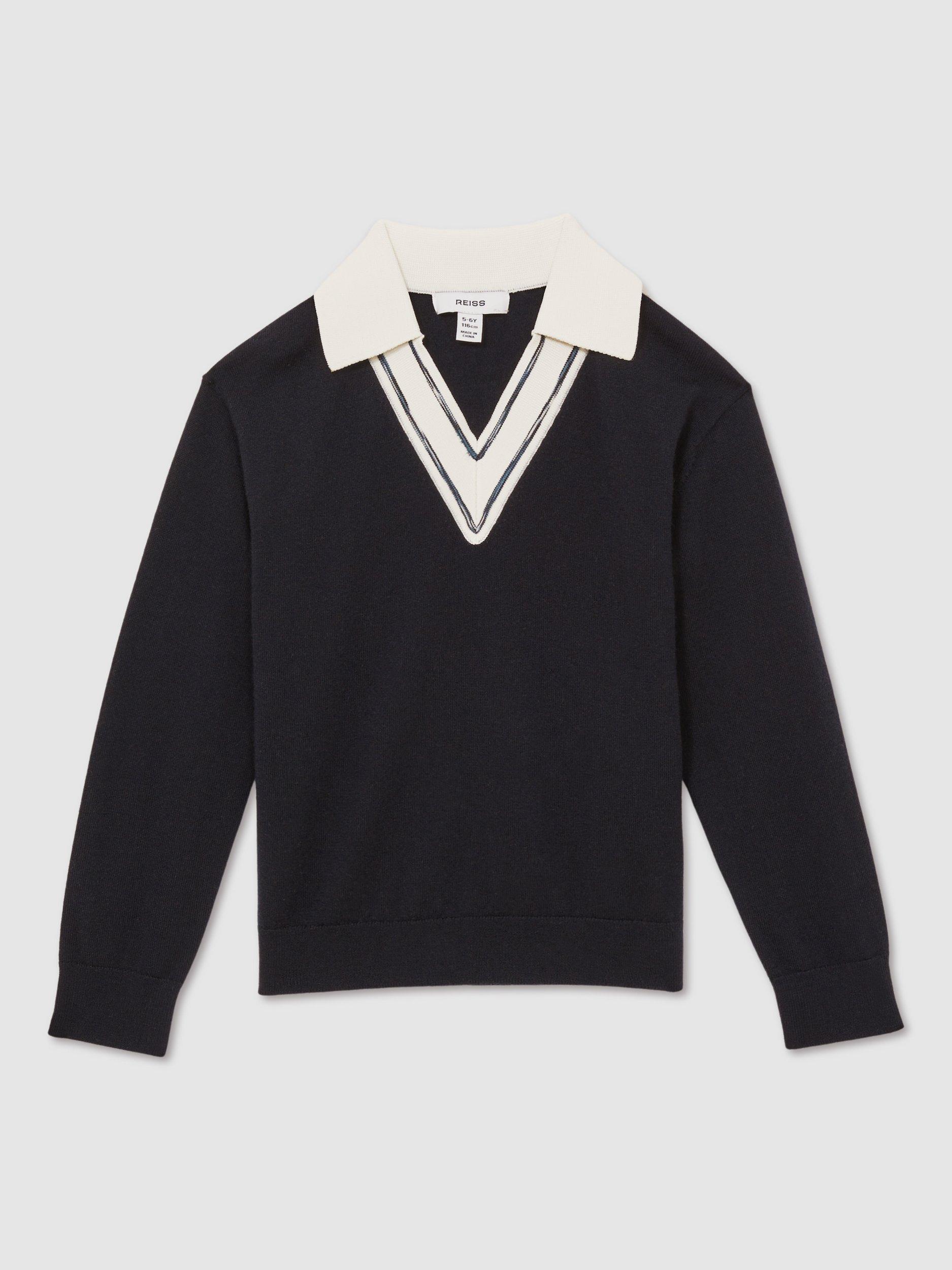 Product image 1 of 4, which shows Reiss Kids' Neena Wool Stripe Collar V-Neck Jumper, Navy, 4-5 years