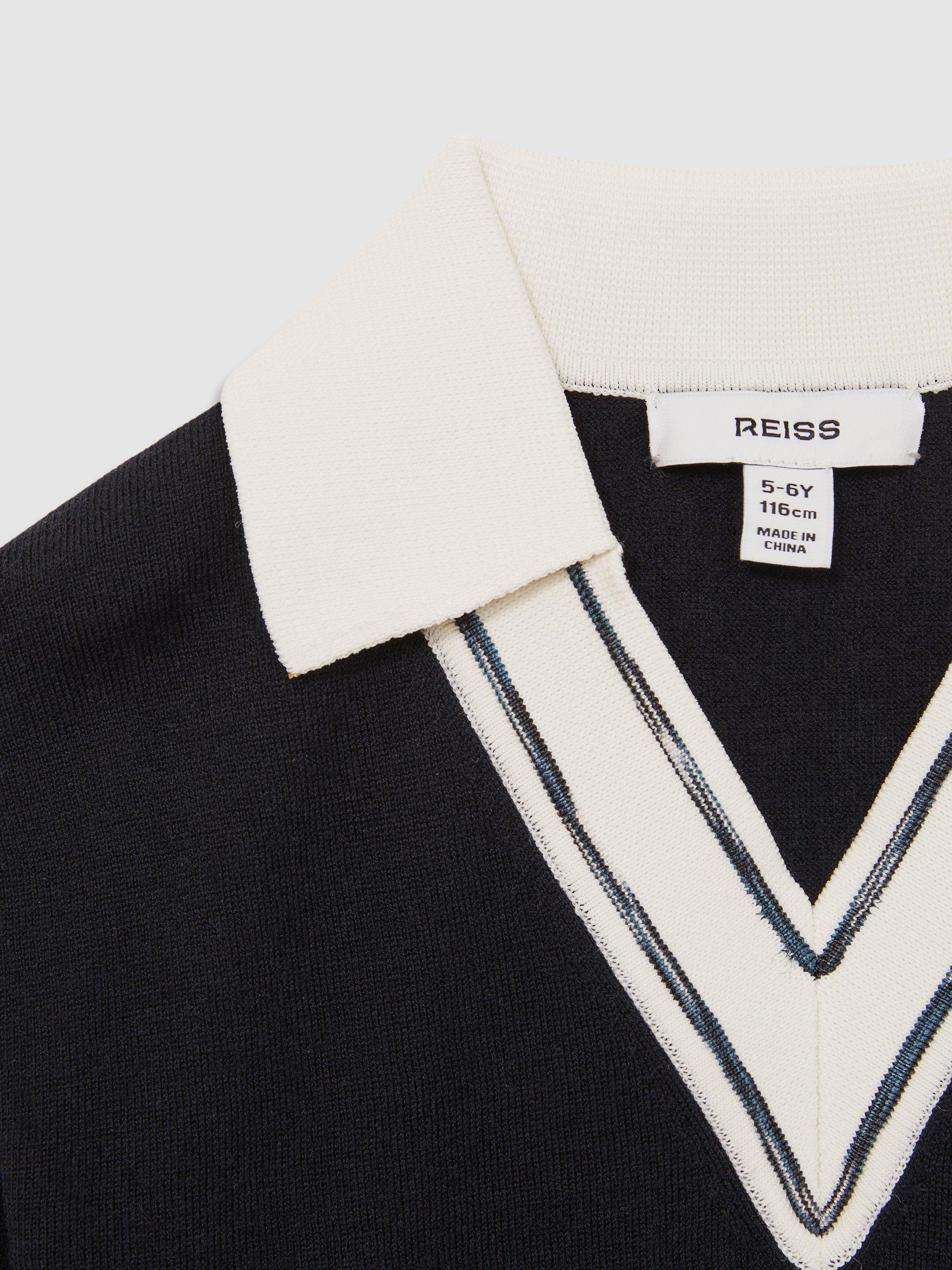 Product image 4 of 4, which shows Reiss Kids' Neena Wool Stripe Collar V-Neck Jumper, Navy, 4-5 years