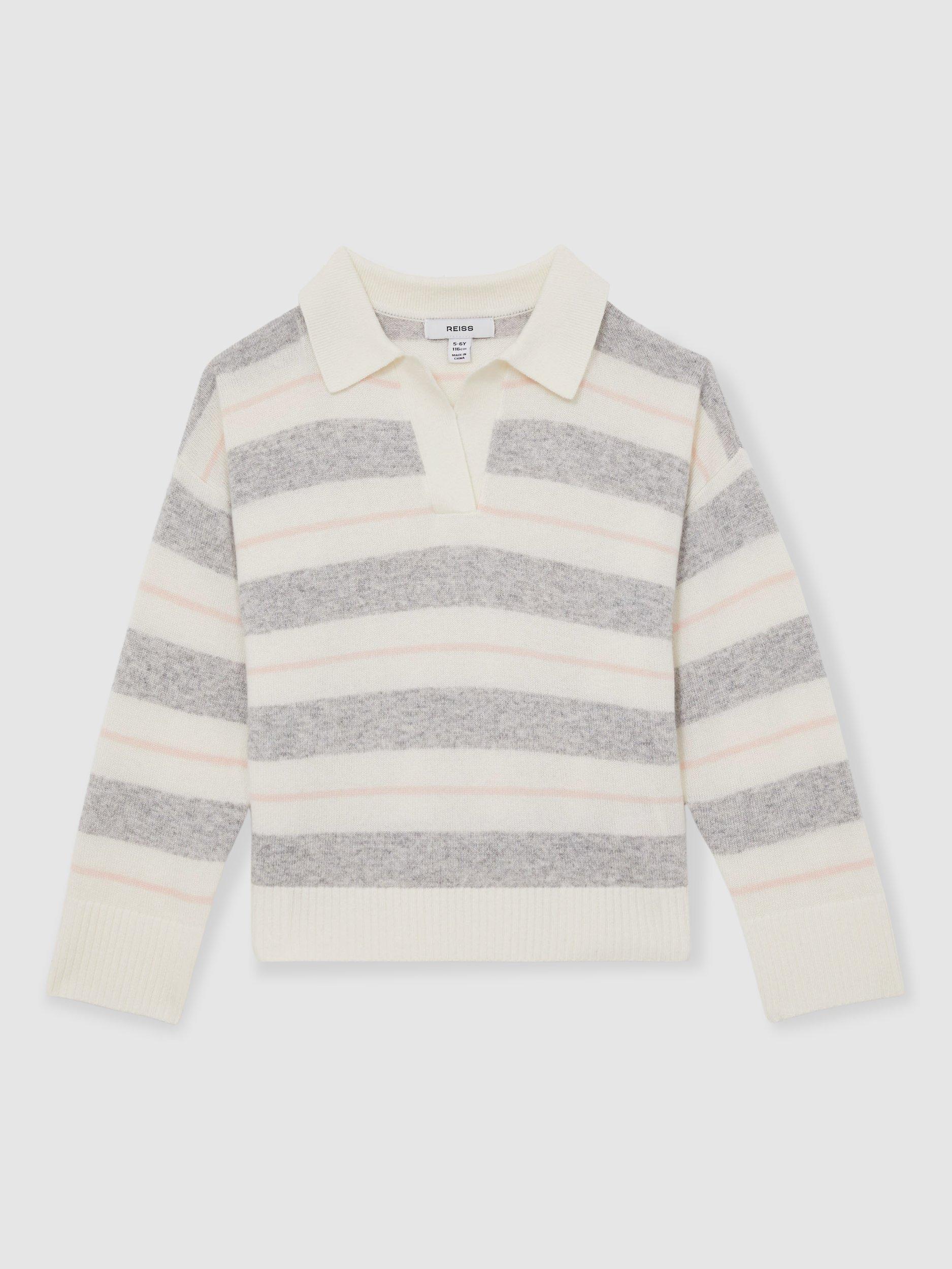 Product image 1 of 4, which shows Reiss Kids' Eden Stripe Wool Cashmere Blend Polo Knit, Grey, 4-5 years