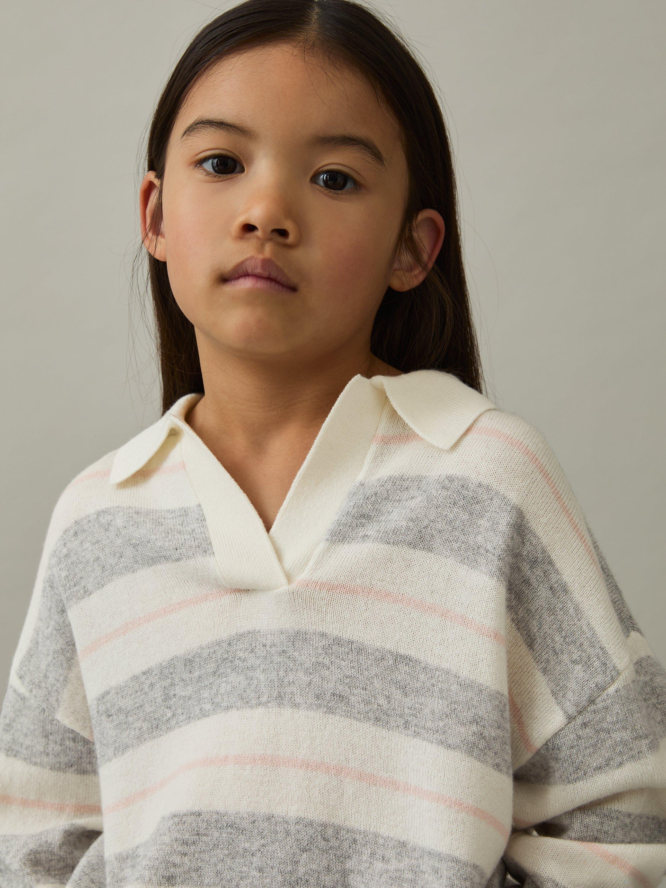 Product image 2 of 4, which shows Reiss Kids' Eden Stripe Wool Cashmere Blend Polo Knit, Grey, 4-5 years