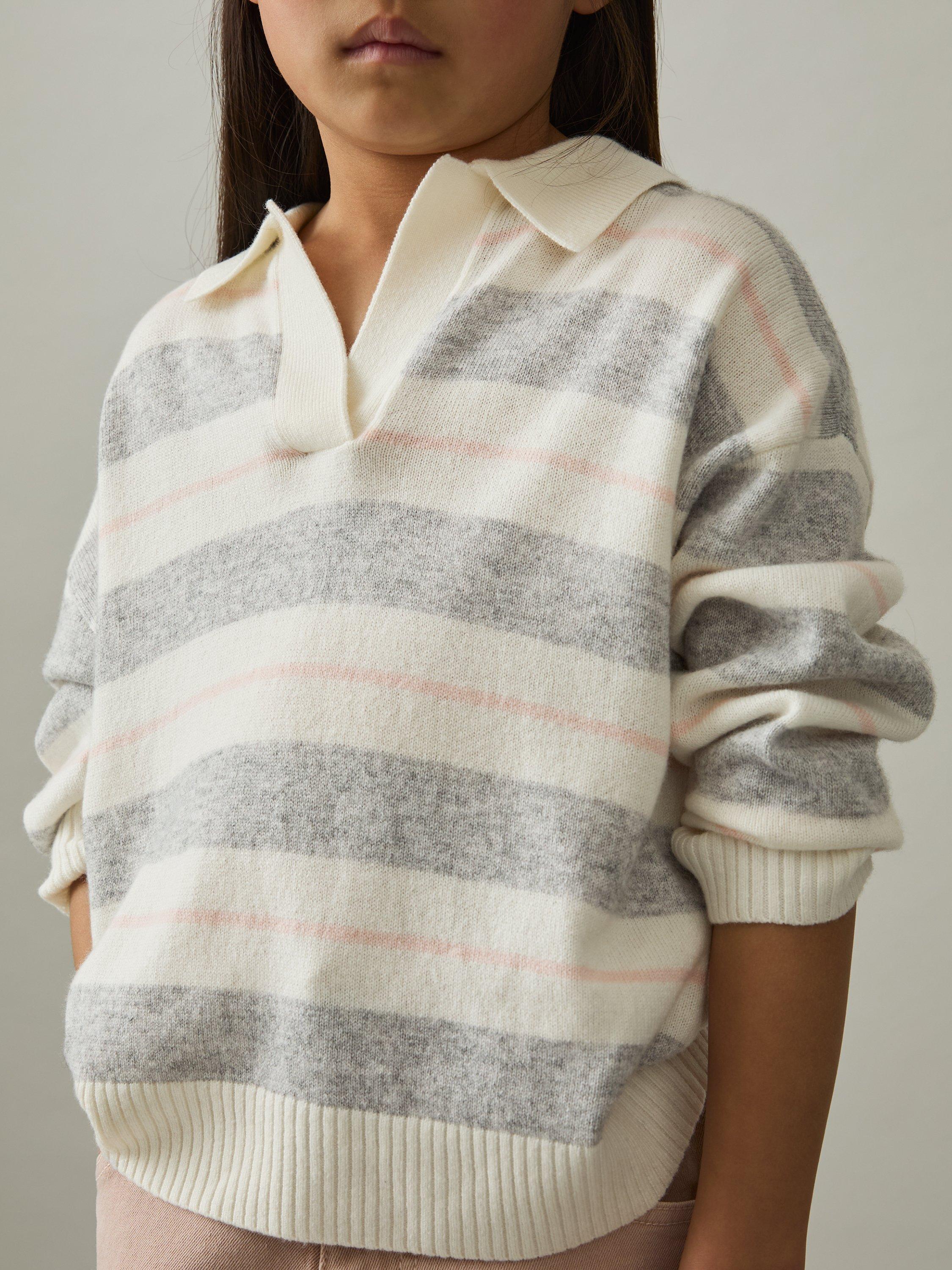 Product image 3 of 4, which shows Reiss Kids' Eden Stripe Wool Cashmere Blend Polo Knit, Grey, 4-5 years