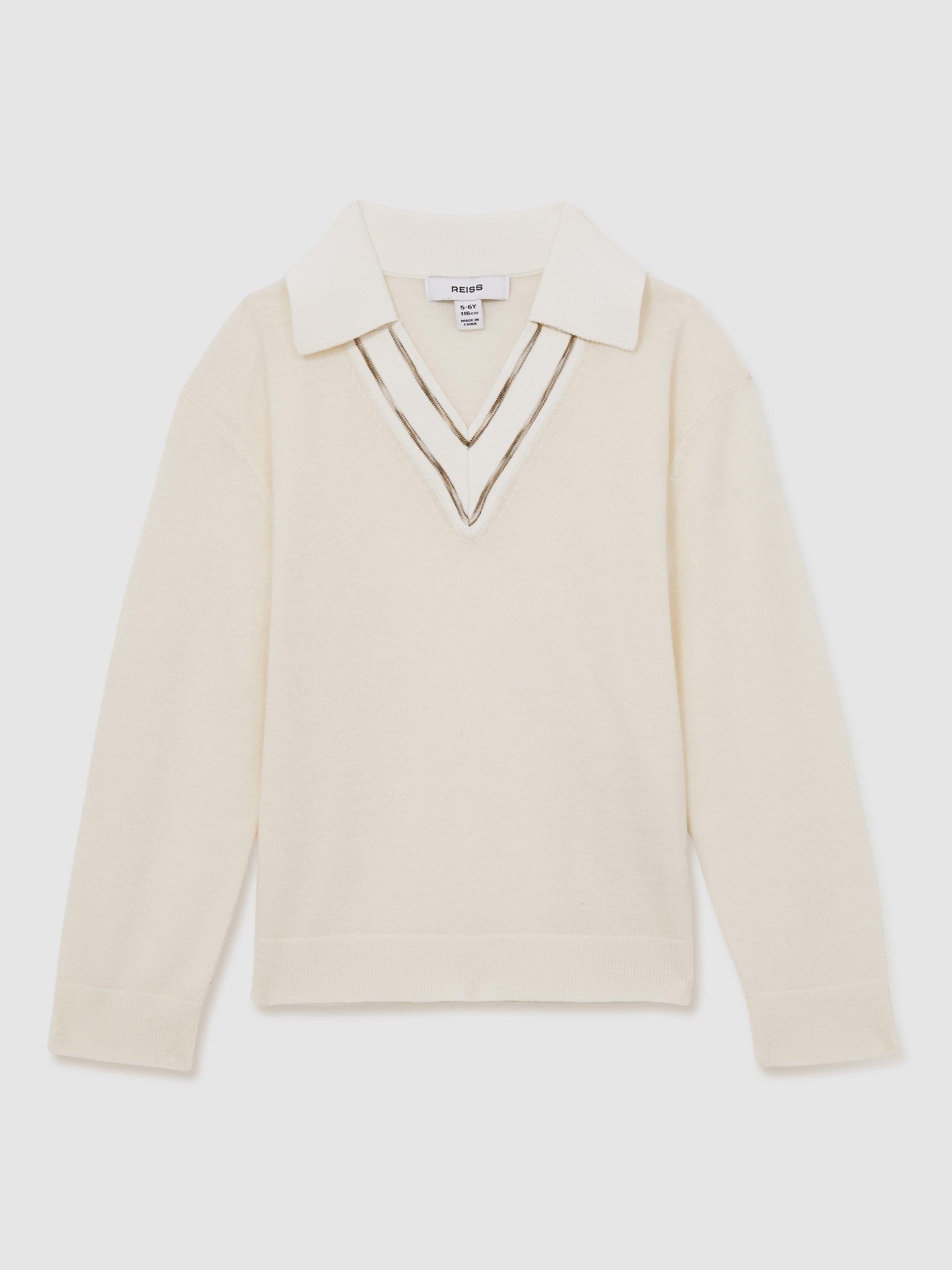 Product image 1 of 4, which shows Reiss Kids' Neena Wool Stripe Collar V-Neck Jumper, Ivory, 5-6 years
