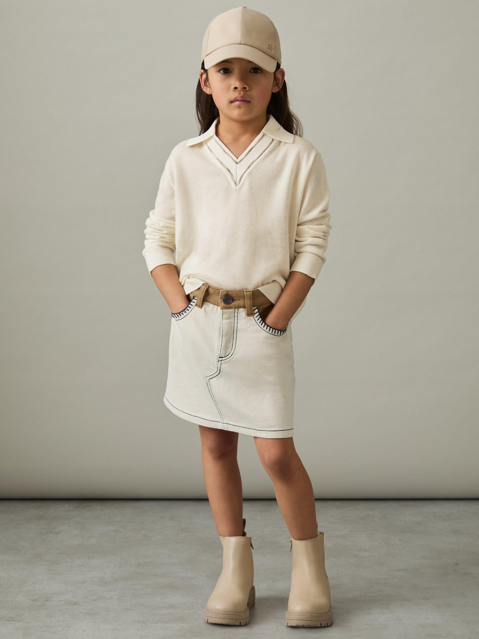 Product image 2 of 4, which shows Reiss Kids' Neena Wool Stripe Collar V-Neck Jumper, Ivory, 5-6 years