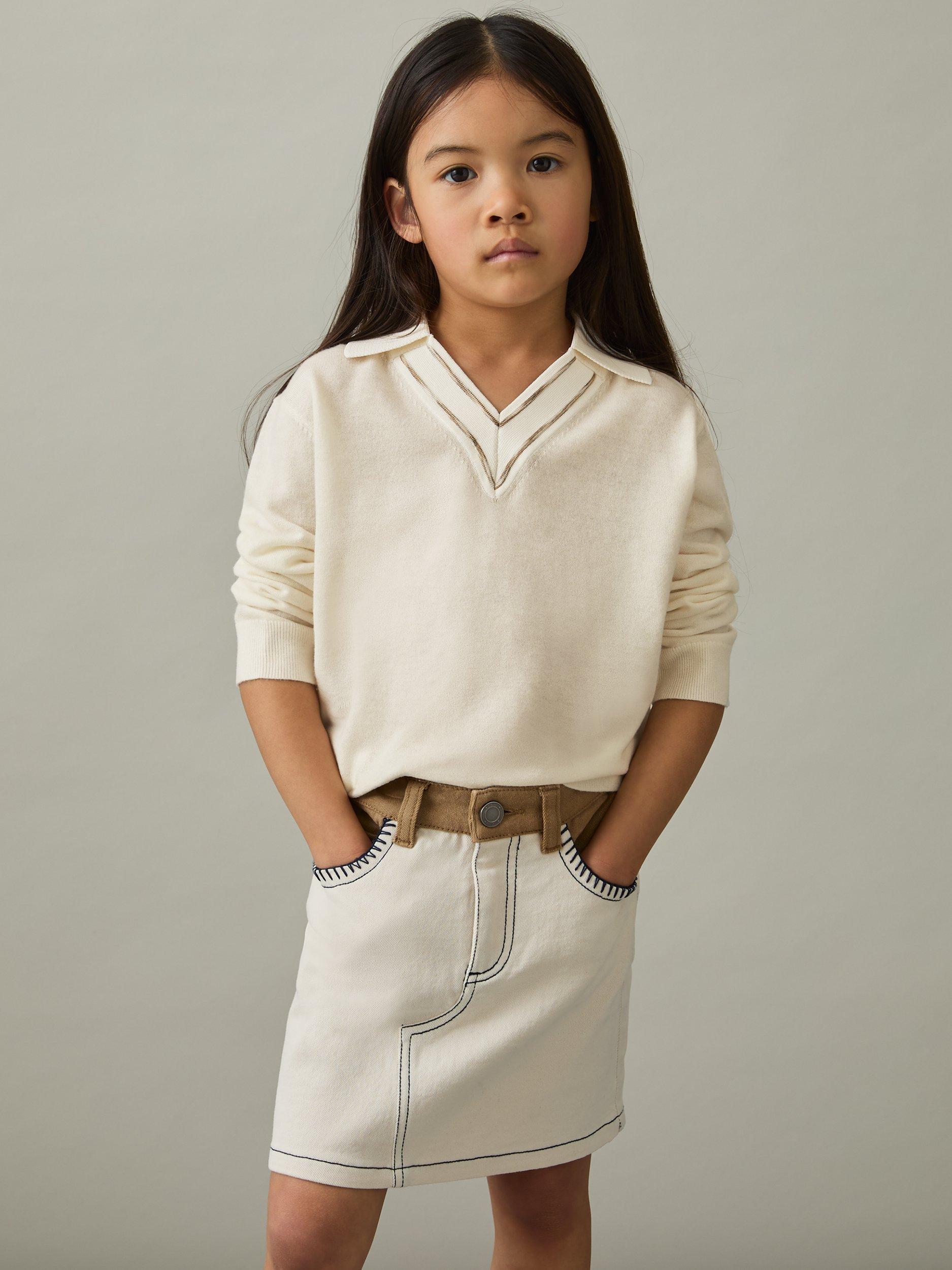 Product image 3 of 4, which shows Reiss Kids' Neena Wool Stripe Collar V-Neck Jumper, Ivory, 5-6 years