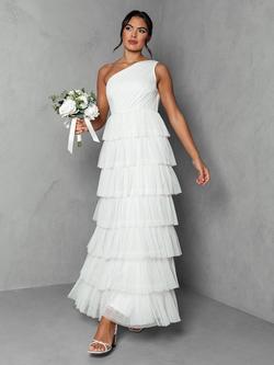 Anaya With Love Asymmetric Tulle Tiered Wedding Dress, White, White