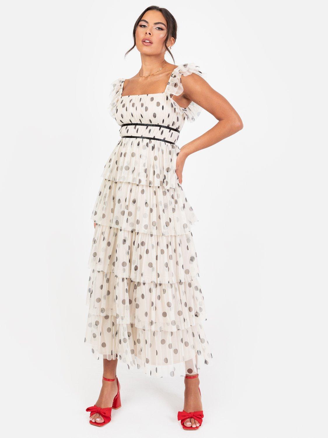 Product image 1 of 6, which shows Anaya With Love Polka Dot Tiered Midaxi Dress, Cream/Multi, 6