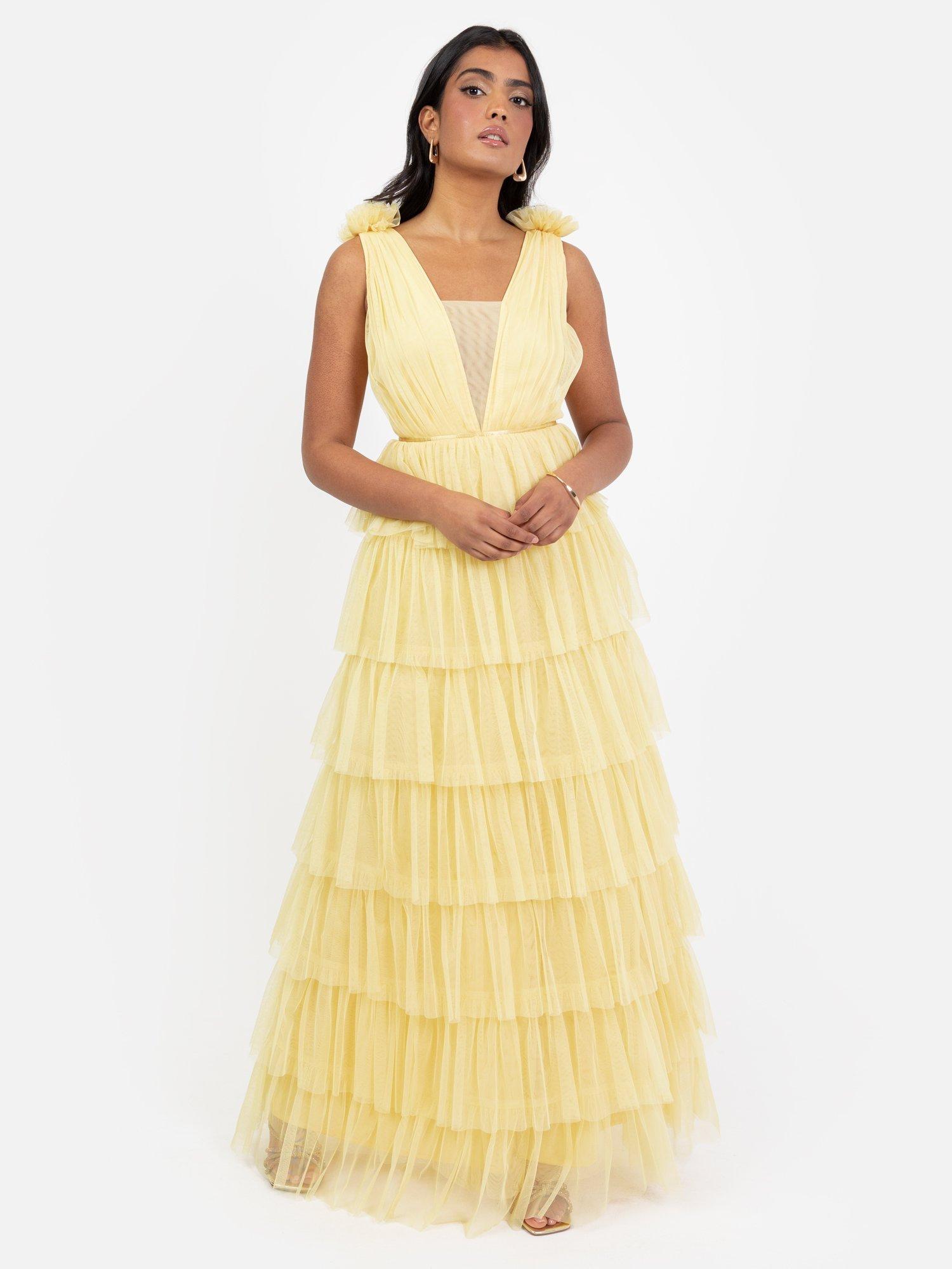 Product image 1 of 5, which shows Anaya With Love Plunge Tiered Skirt Maxi Dress, Butter Yellow, 6