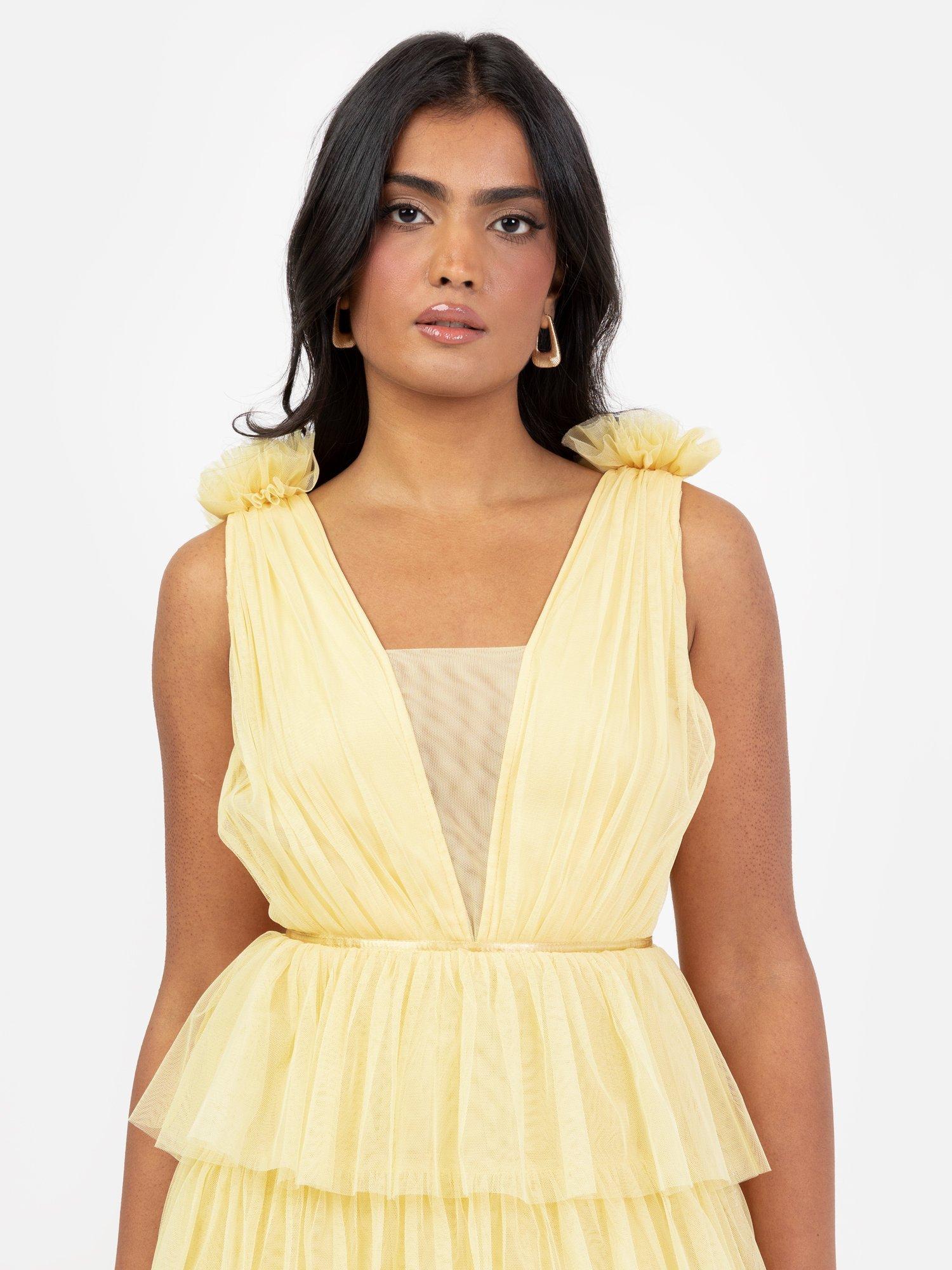 Product image 2 of 5, which shows Anaya With Love Plunge Tiered Skirt Maxi Dress, Butter Yellow, 6