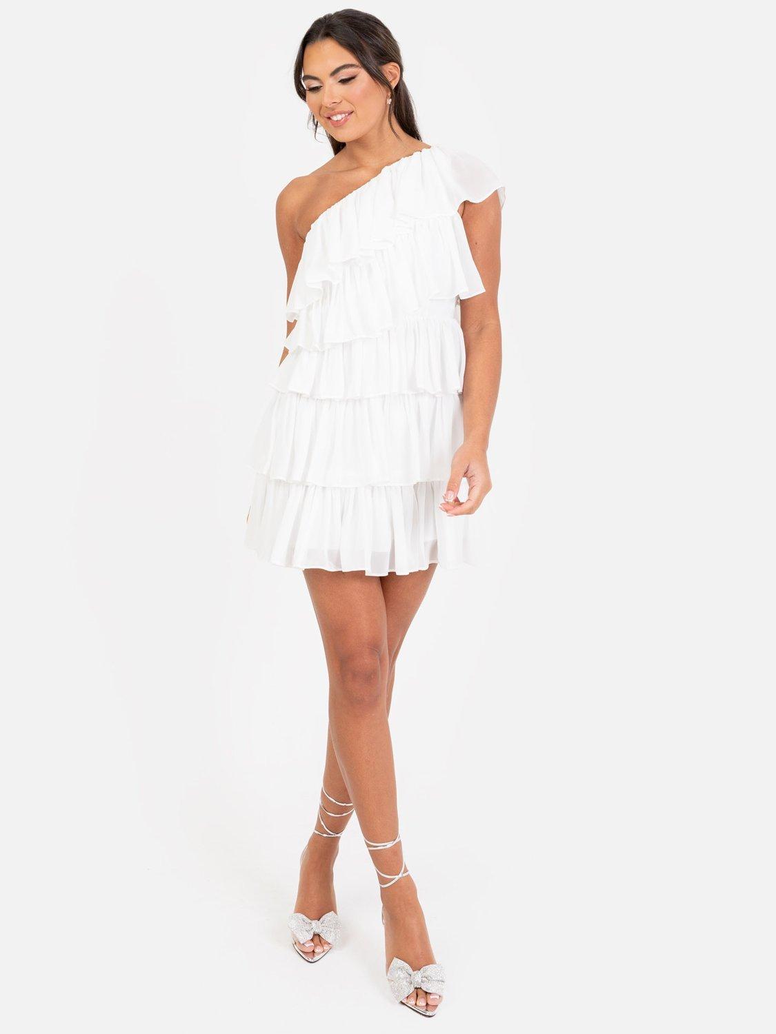 Product image 1 of 6, which shows Anaya With Love Asymmetric Tiered Mini Dress, White, 6
