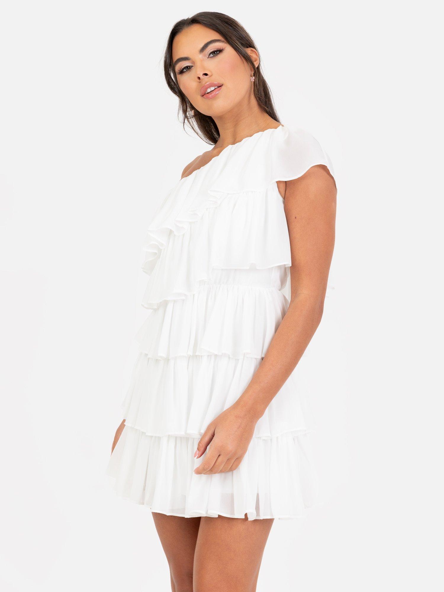 Product image 4 of 6, which shows Anaya With Love Asymmetric Tiered Mini Dress, White, 6