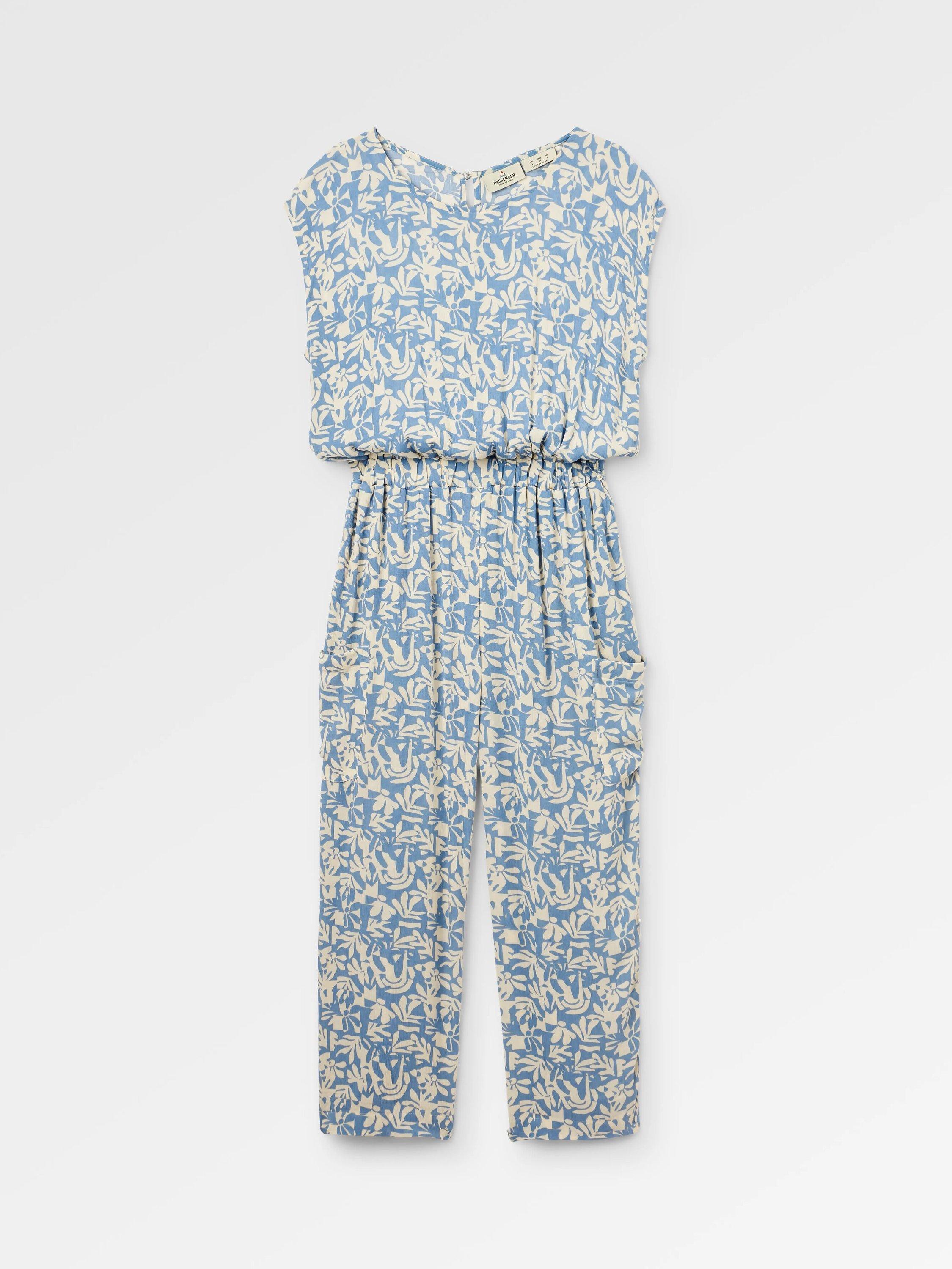 Product image 1 of 7, which shows Passenger Thimbleberry Sleeveless Jumpsuit, Cream/Blue, M