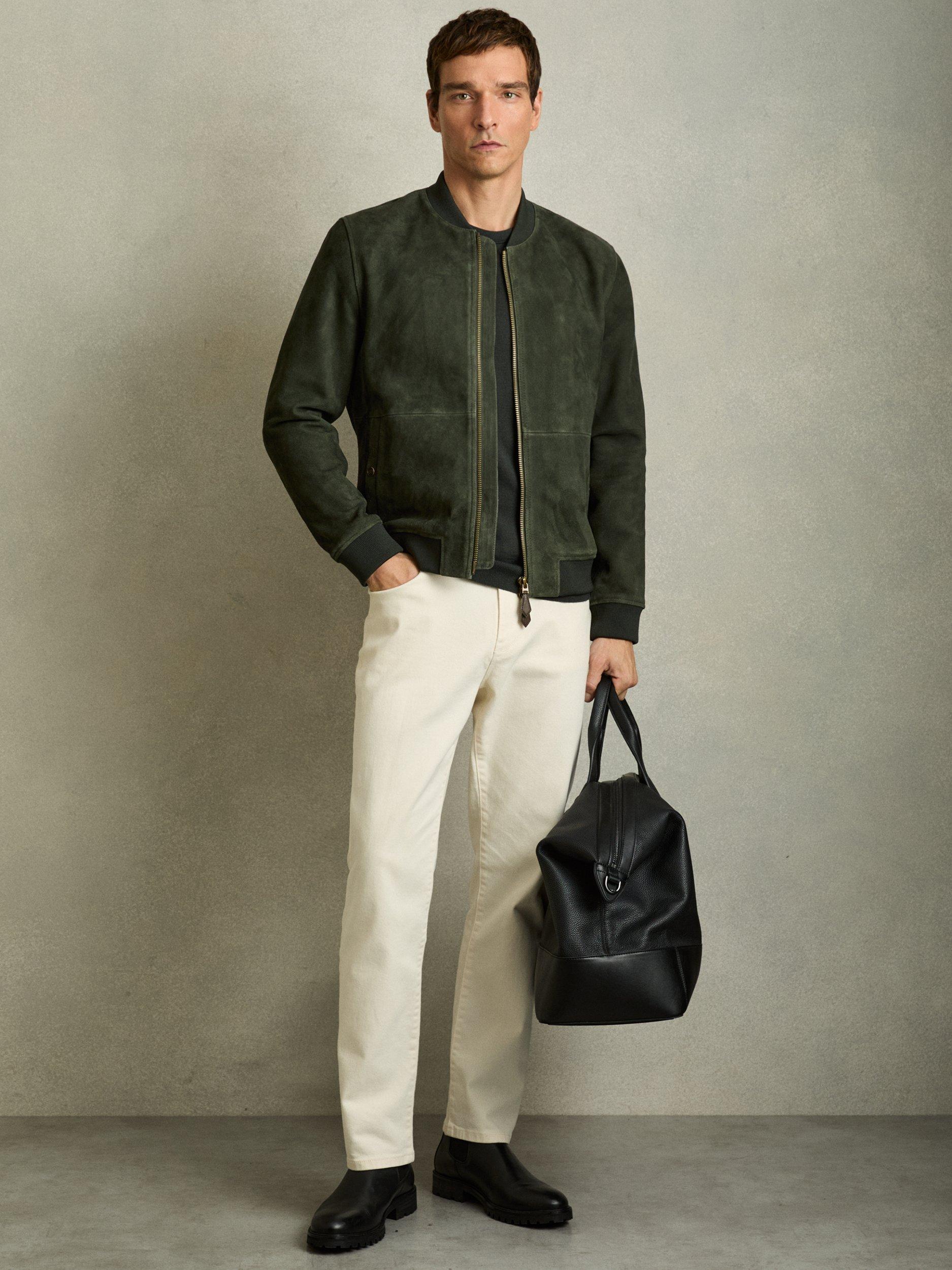 Product image 1 of 5, which shows Reiss Brick Antique Leather Bomber Jacket, Green, S
