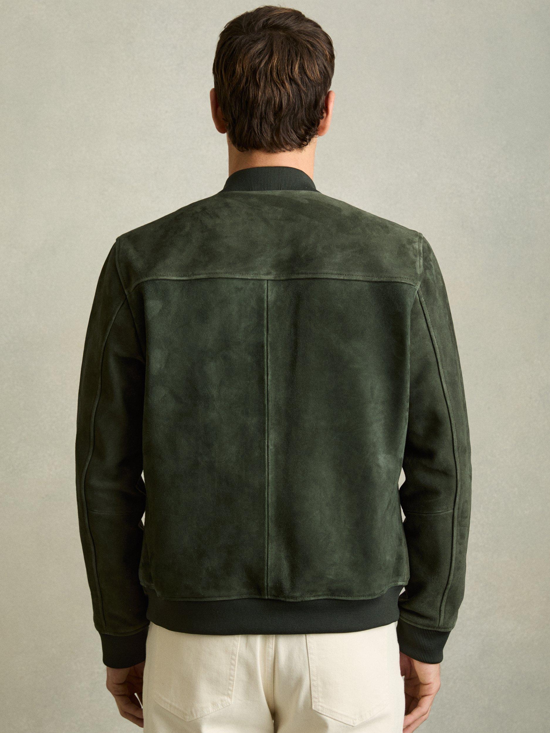 Product image 2 of 5, which shows Reiss Brick Antique Leather Bomber Jacket, Green, S