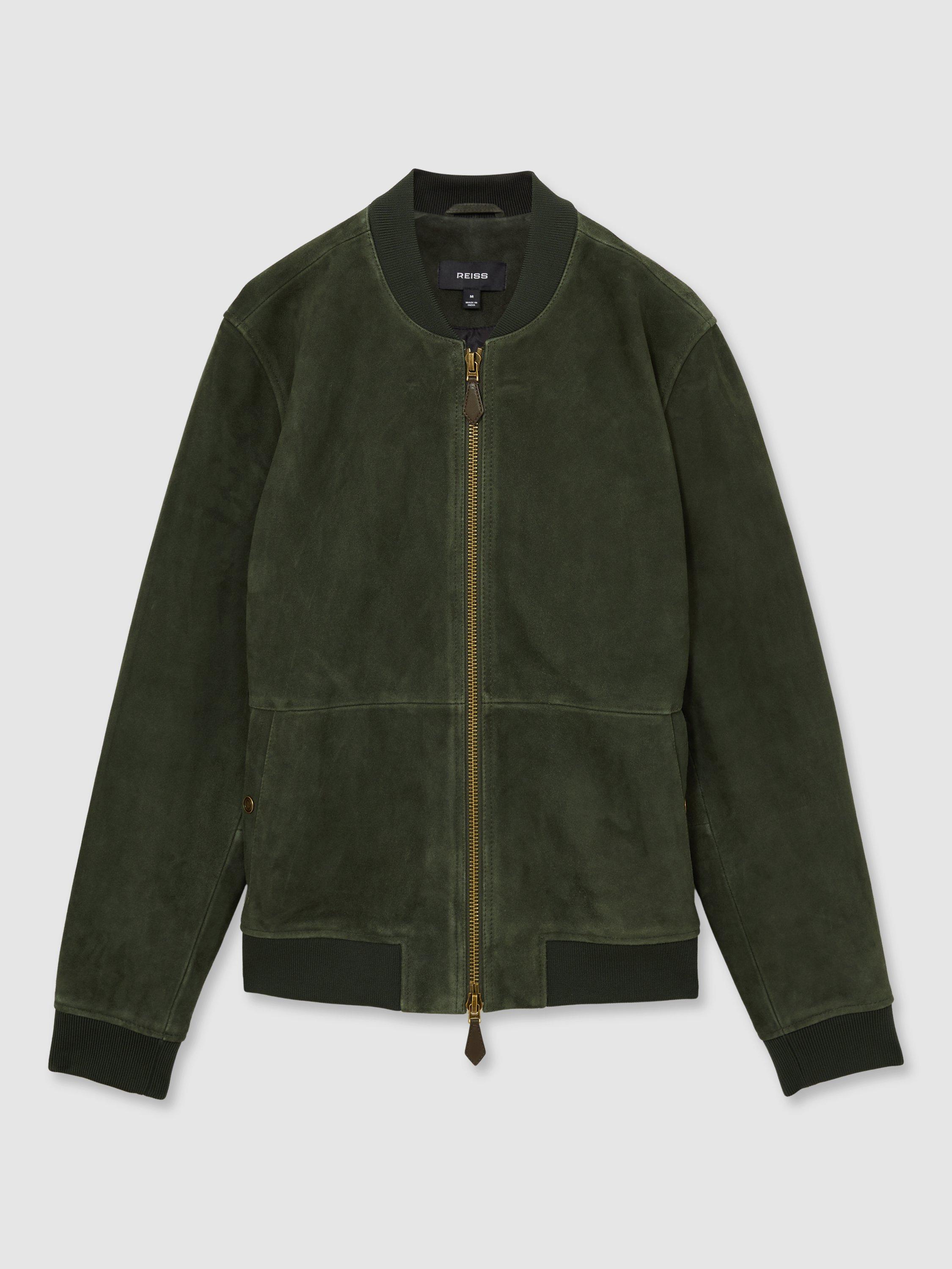 Product image 3 of 5, which shows Reiss Brick Antique Leather Bomber Jacket, Green, S