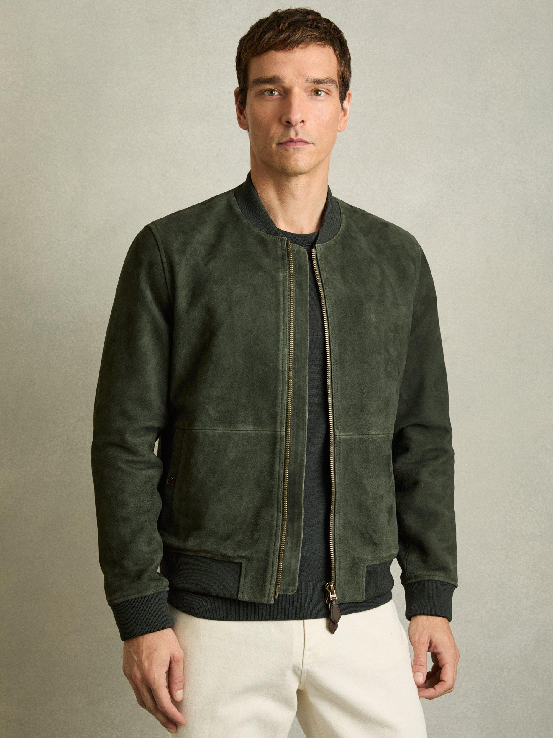 Product image 4 of 5, which shows Reiss Brick Antique Leather Bomber Jacket, Green, S