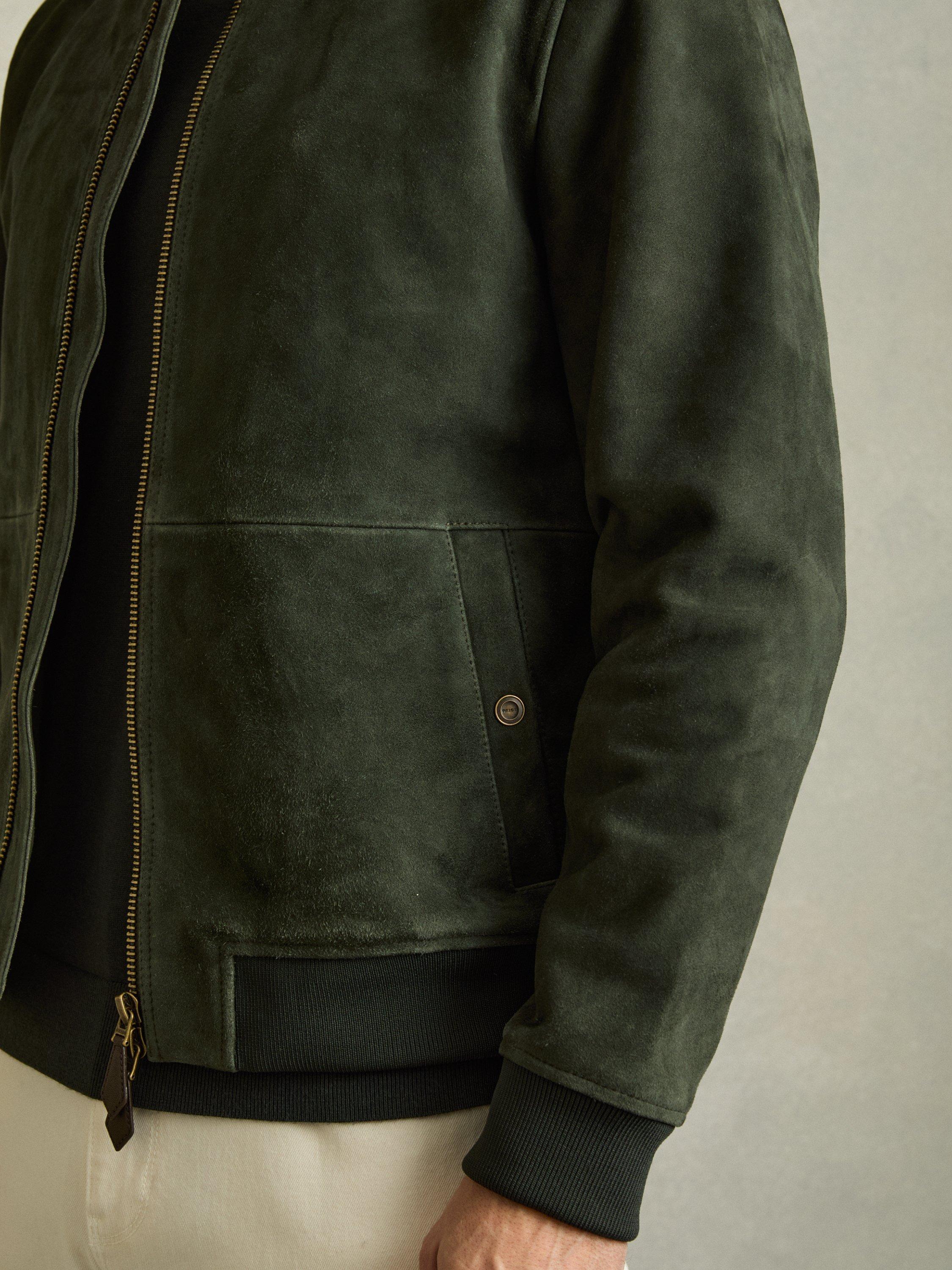 Product image 5 of 5, which shows Reiss Brick Antique Leather Bomber Jacket, Green, S