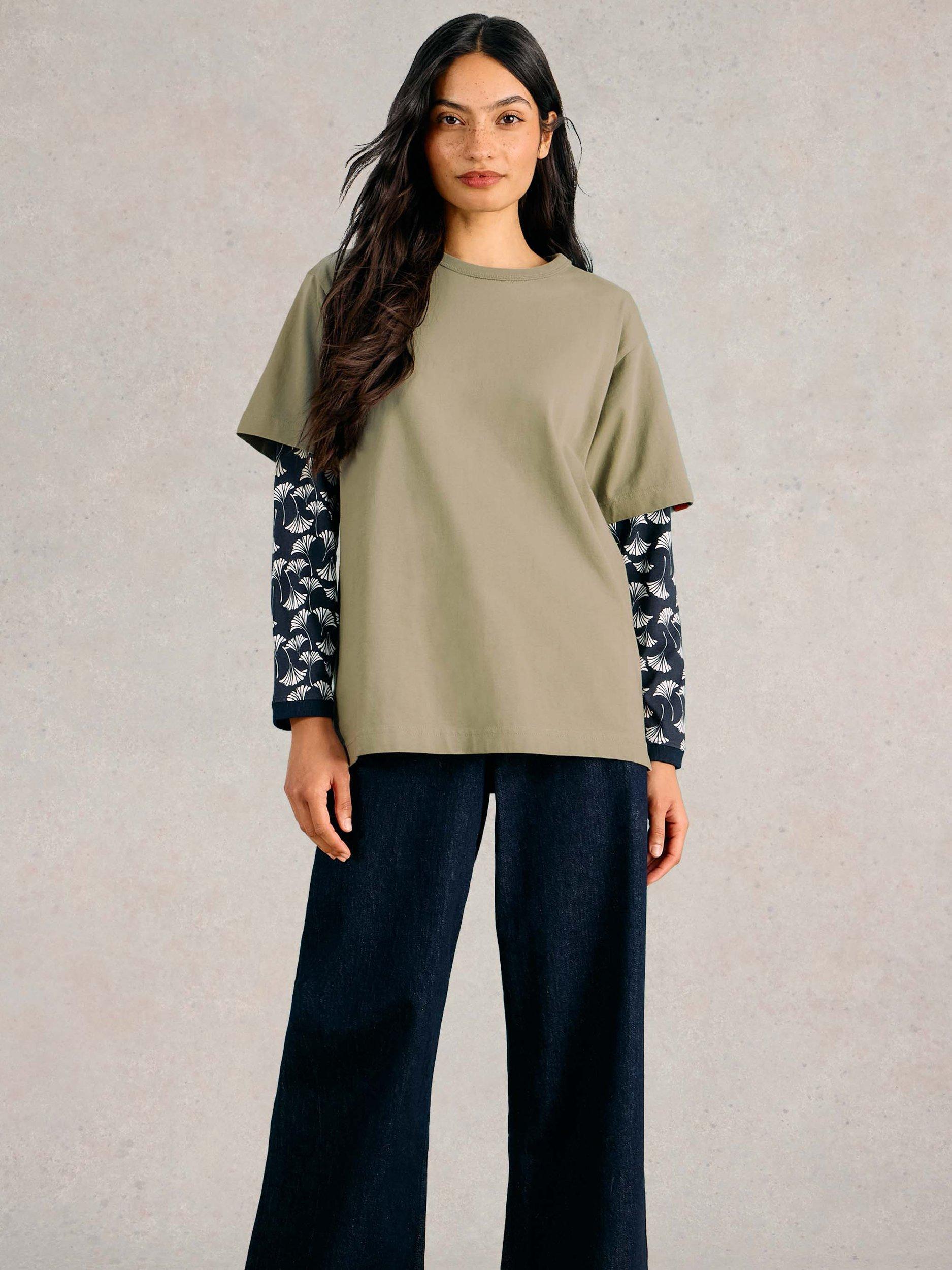 Product image 1 of 7, which shows White Stuff Cotton Oversized Graphic Back T-Shirt, Khaki Green, S