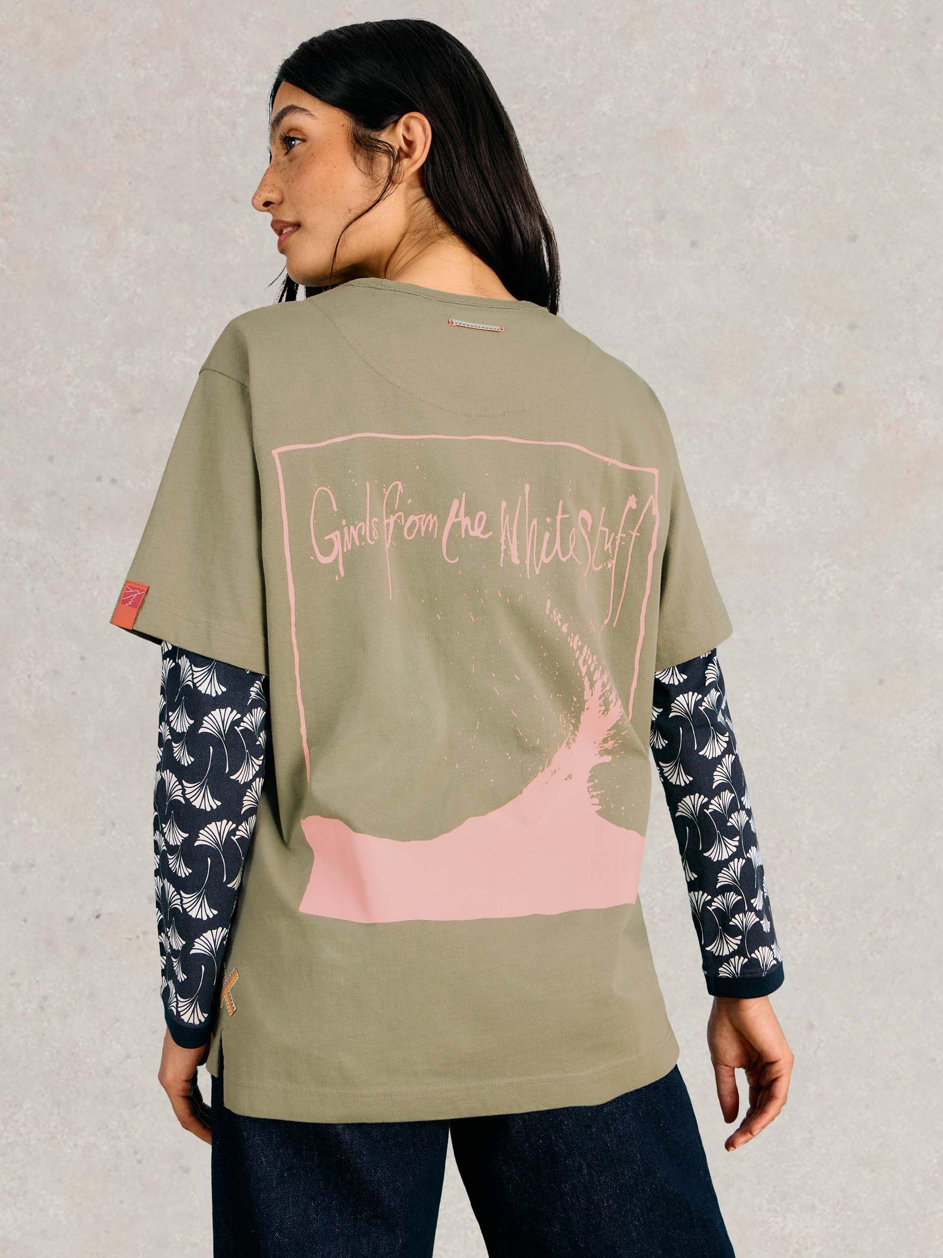 Product image 2 of 7, which shows White Stuff Cotton Oversized Graphic Back T-Shirt, Khaki Green, S