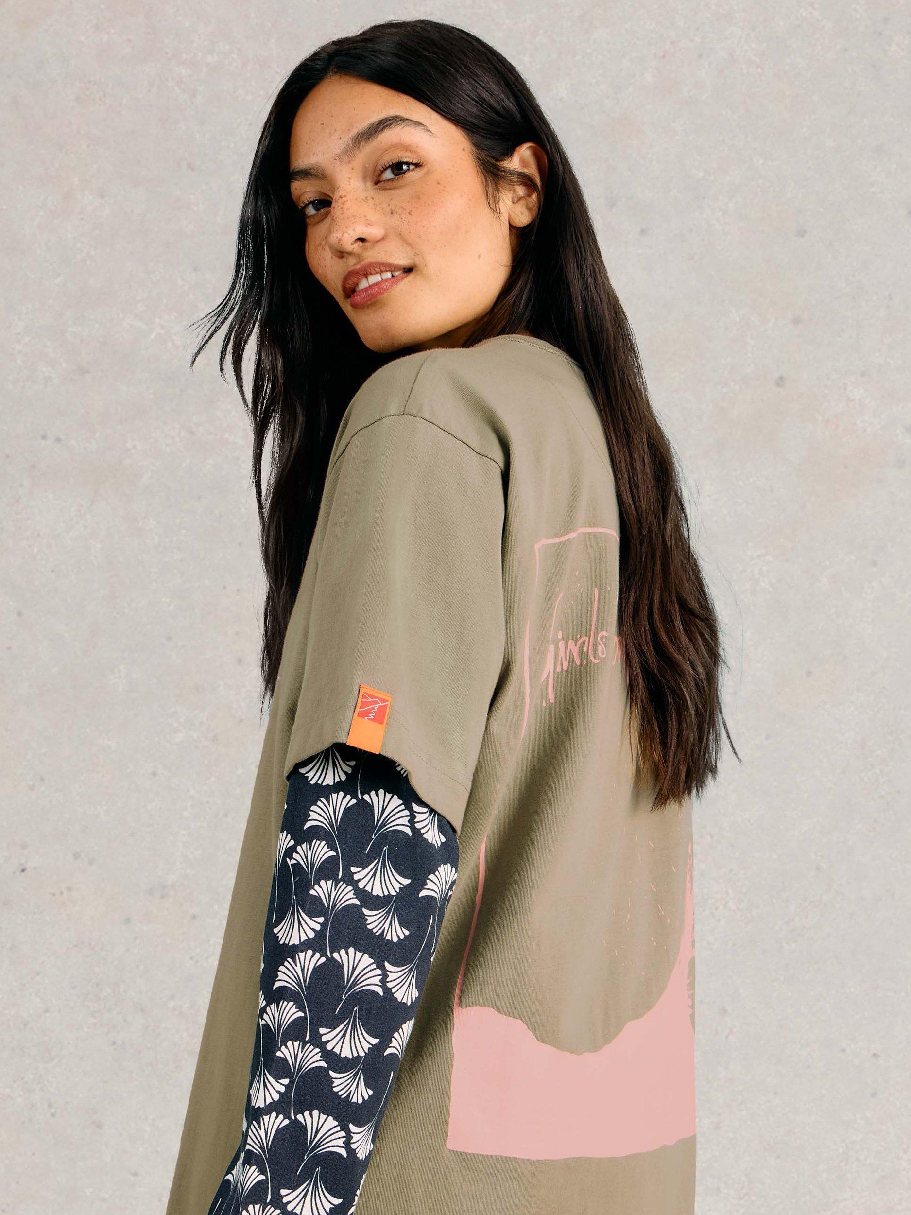 Product image 3 of 7, which shows White Stuff Cotton Oversized Graphic Back T-Shirt, Khaki Green, S