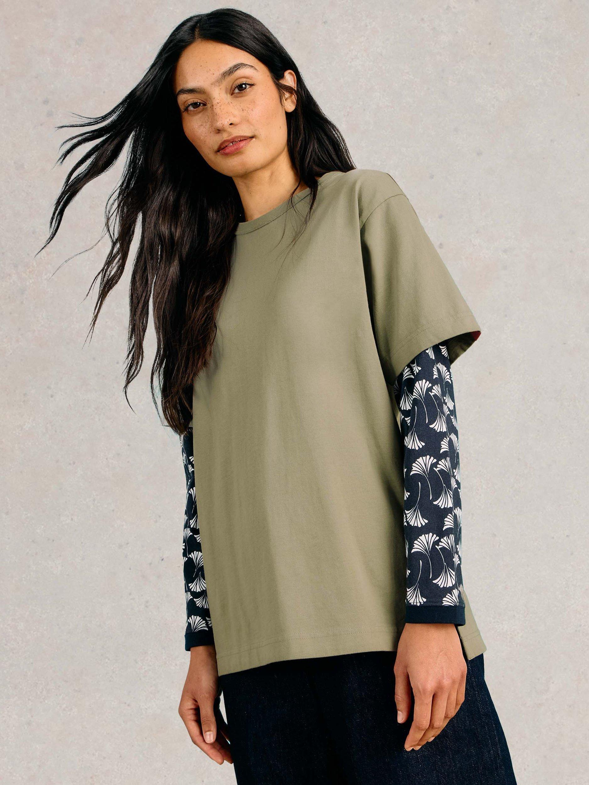 Product image 4 of 7, which shows White Stuff Cotton Oversized Graphic Back T-Shirt, Khaki Green, S
