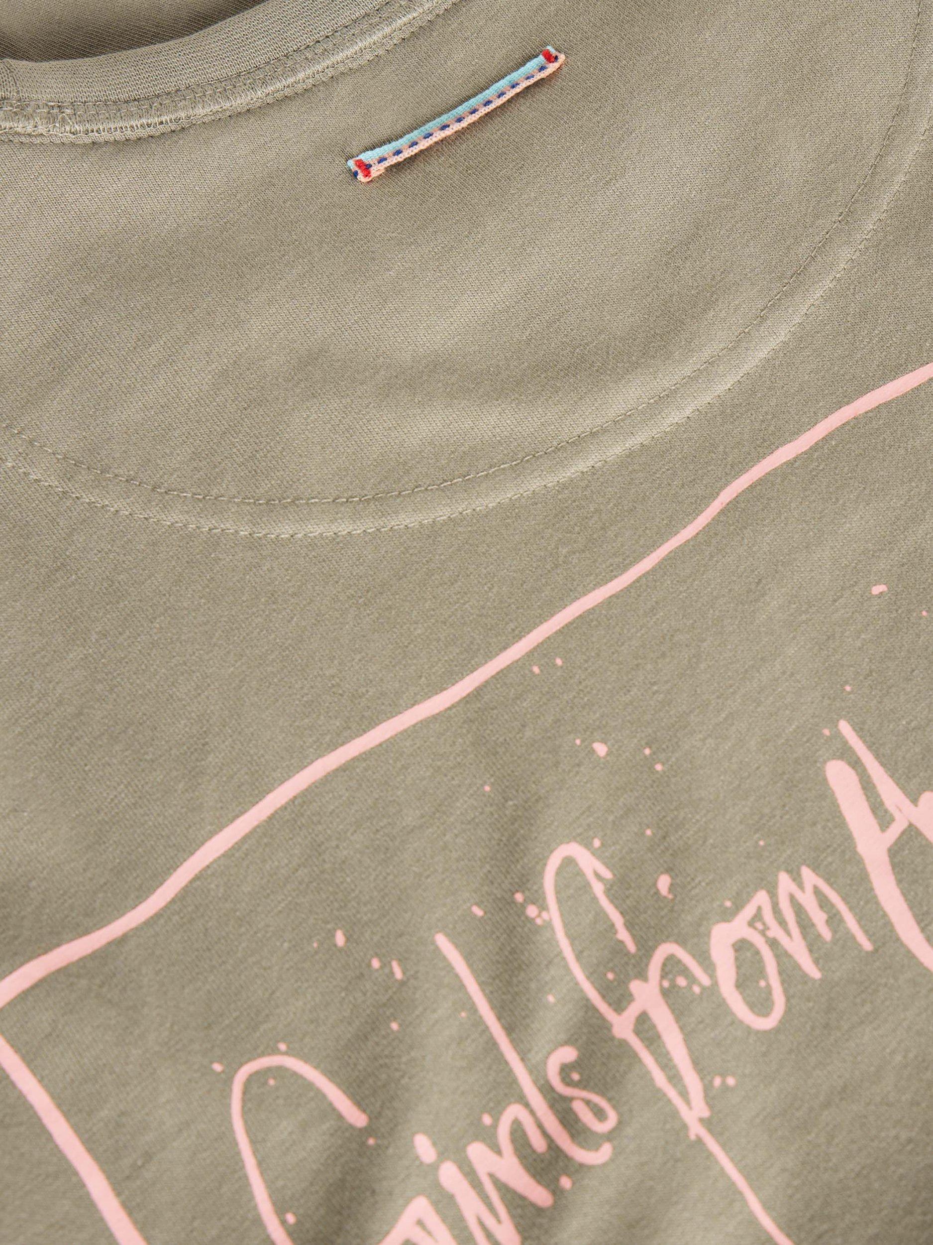 Product image 6 of 7, which shows White Stuff Cotton Oversized Graphic Back T-Shirt, Khaki Green, S
