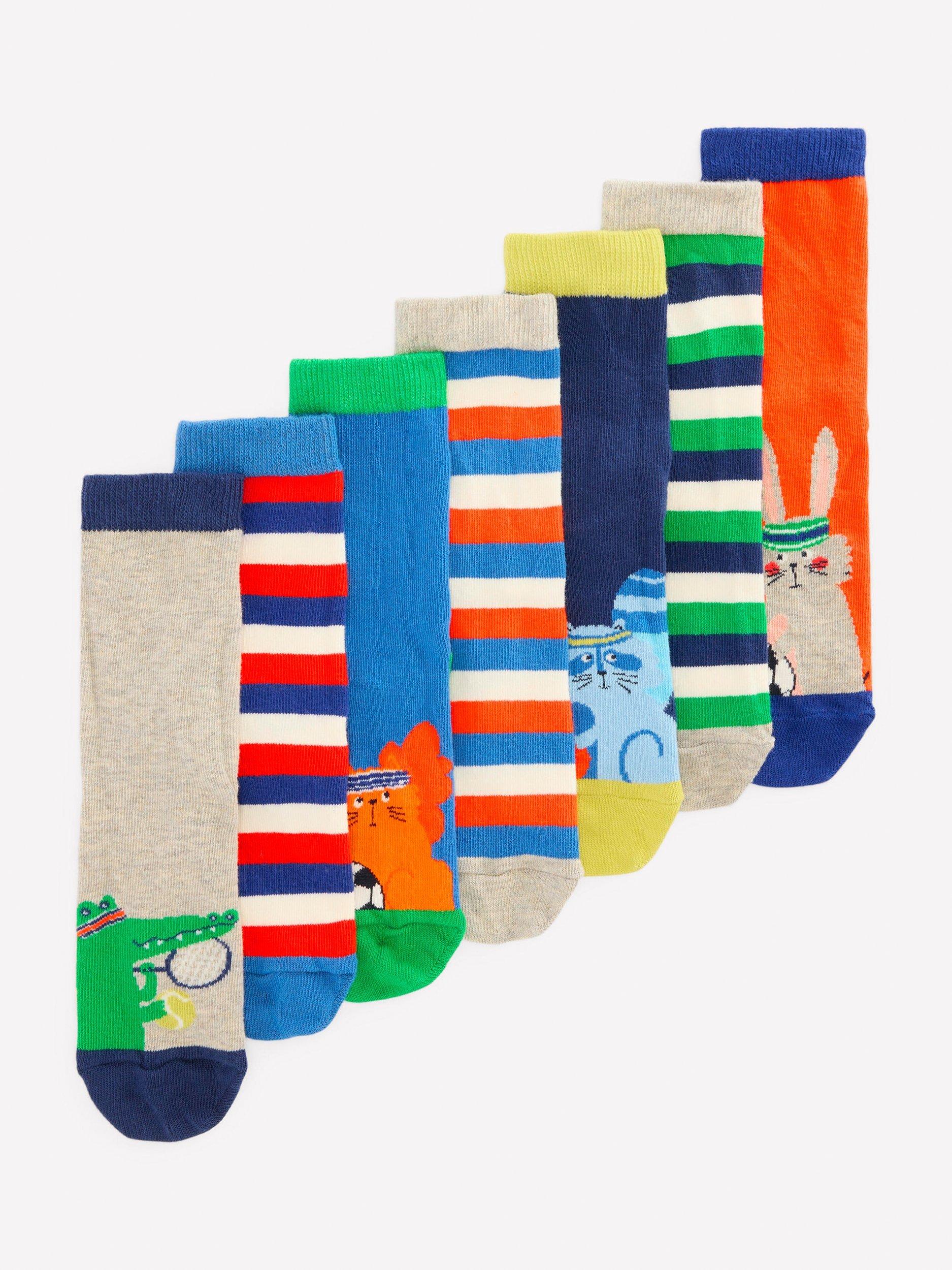 Product image 1 of 2, which shows Mini Boden Kids' Sporty Animals Socks, Pack of 7, Sporty Animals, 6-8.5