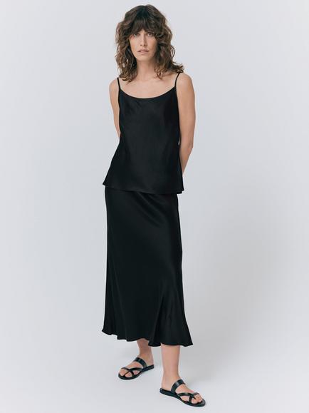 Ghost Luna Bias Cut Satin Midi Skirt, Black - view 2, Black