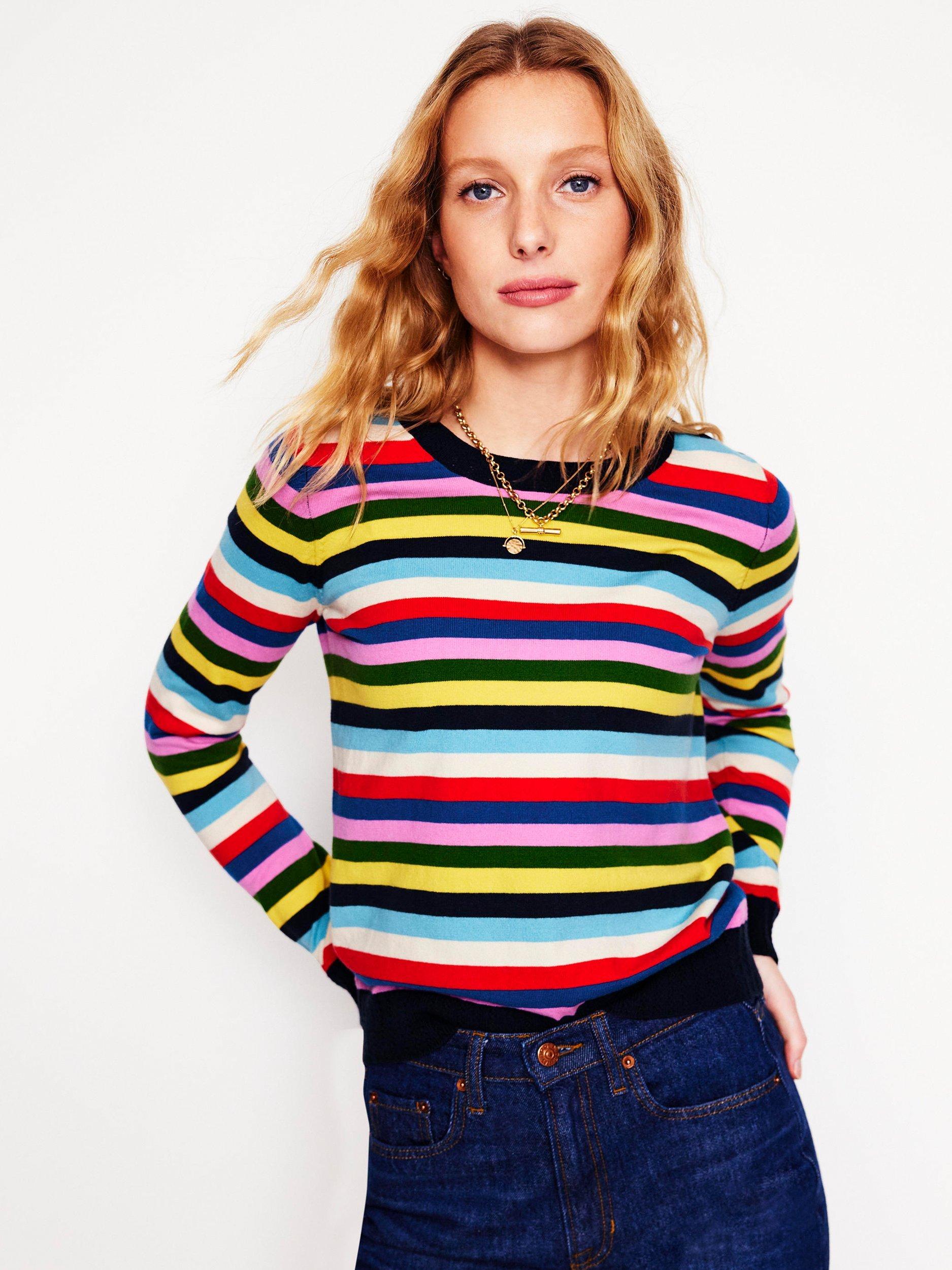 Boden Emilia Stripe Round Neck Jumper, Rainbow
