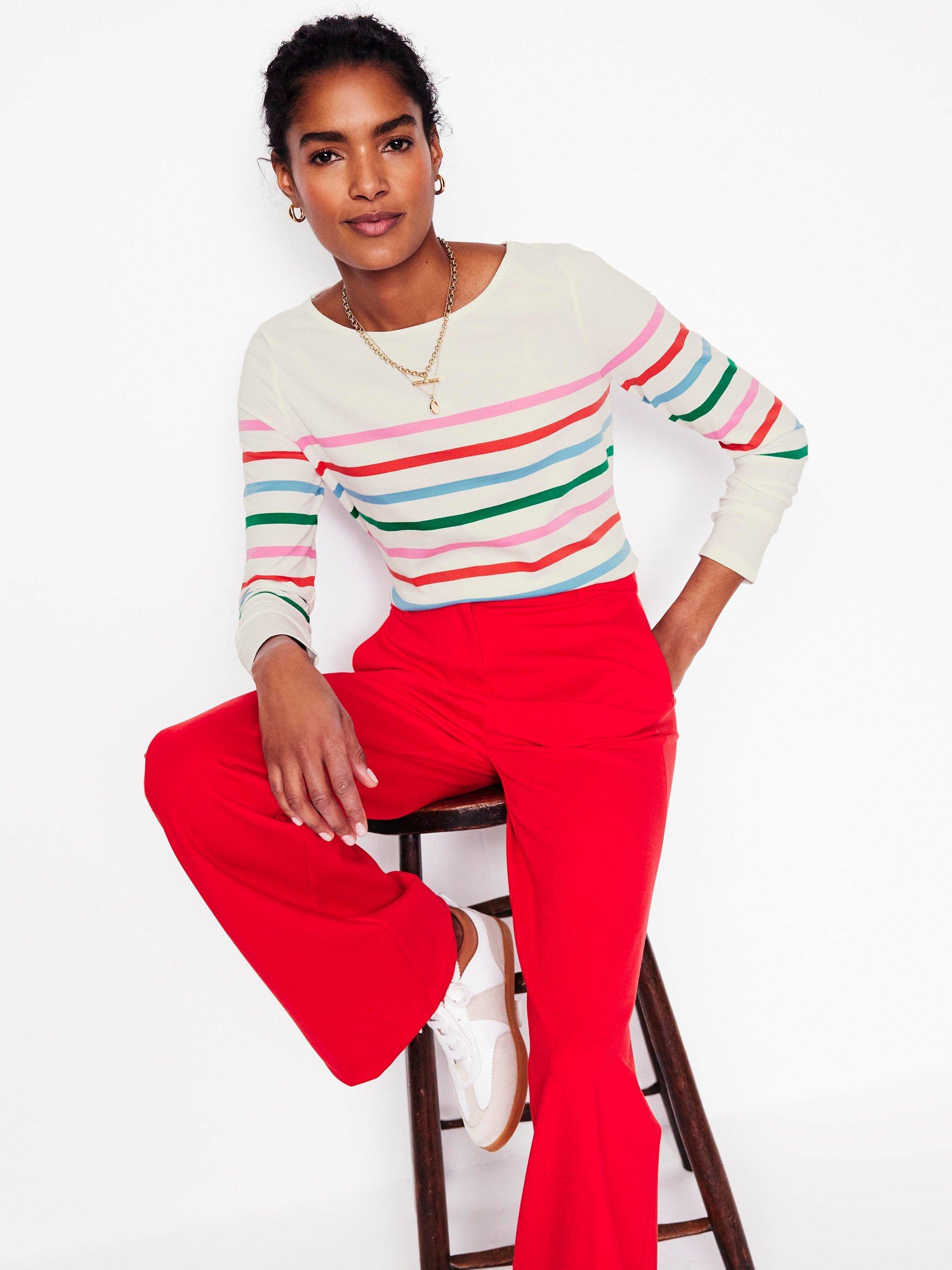Boden Ella Breton Stripe Long Sleeve Top, Ivory/Multi