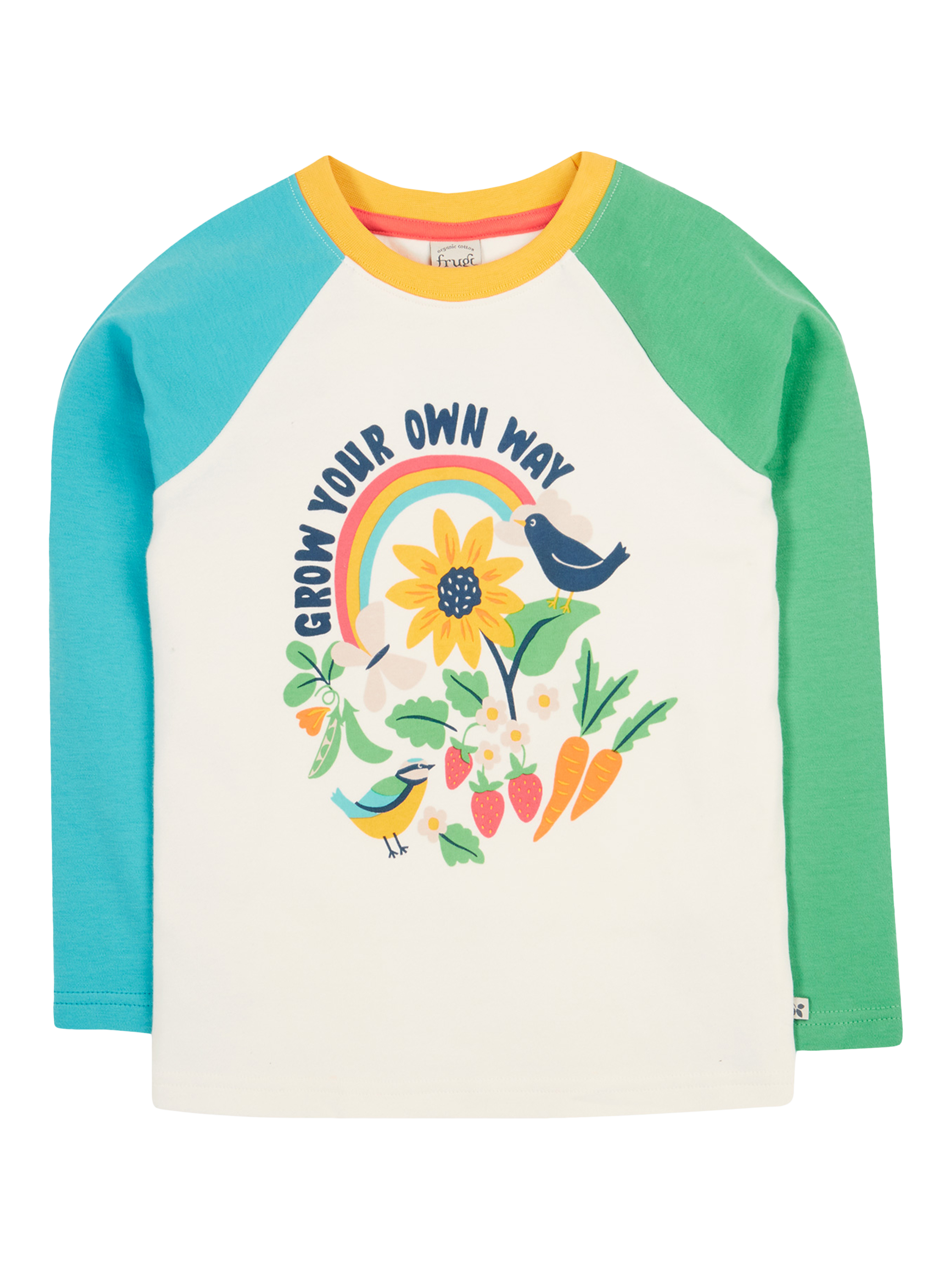Product image 1 of 4, which shows Frugi Kids' Tamar Organic Cotton Summer Garden Raglan Top, Soft White/Grow, 0-3 months