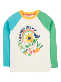 Frugi Kids' Tamar Organic Cotton Summer Garden Raglan Top, Soft White/Grow, Soft White/Grow