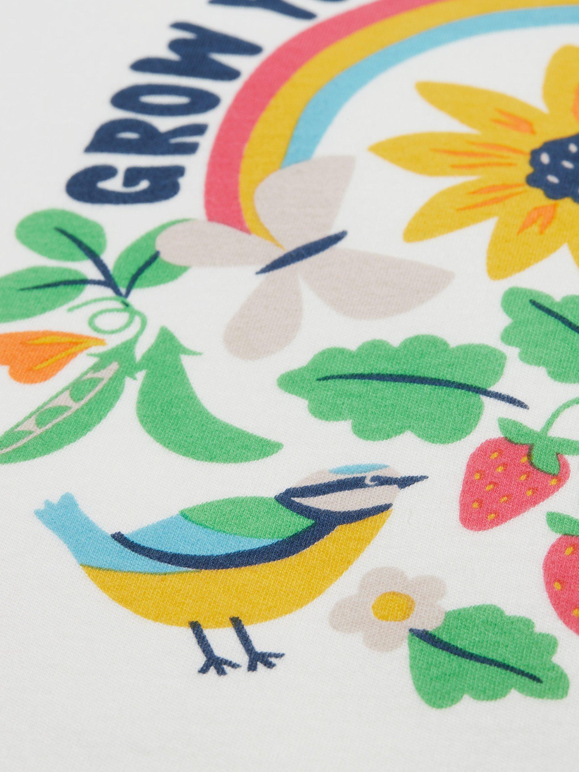Product image 4 of 4, which shows Frugi Kids' Tamar Organic Cotton Summer Garden Raglan Top, Soft White/Grow, 0-3 months