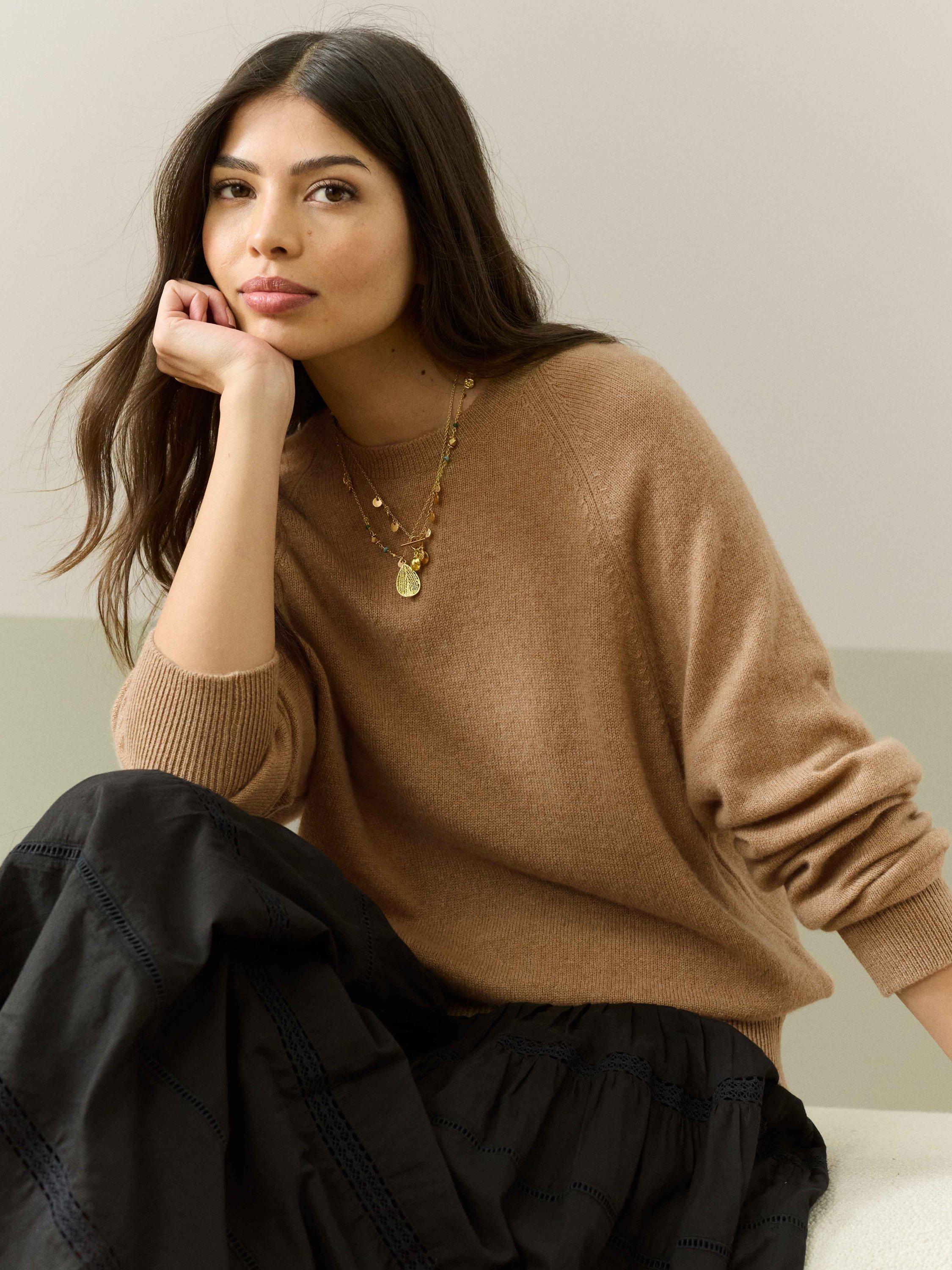 Product image 1 of 5, which shows Brora Gauzy Round Neck Pure Cashmere Jumper, Camel, 8-10