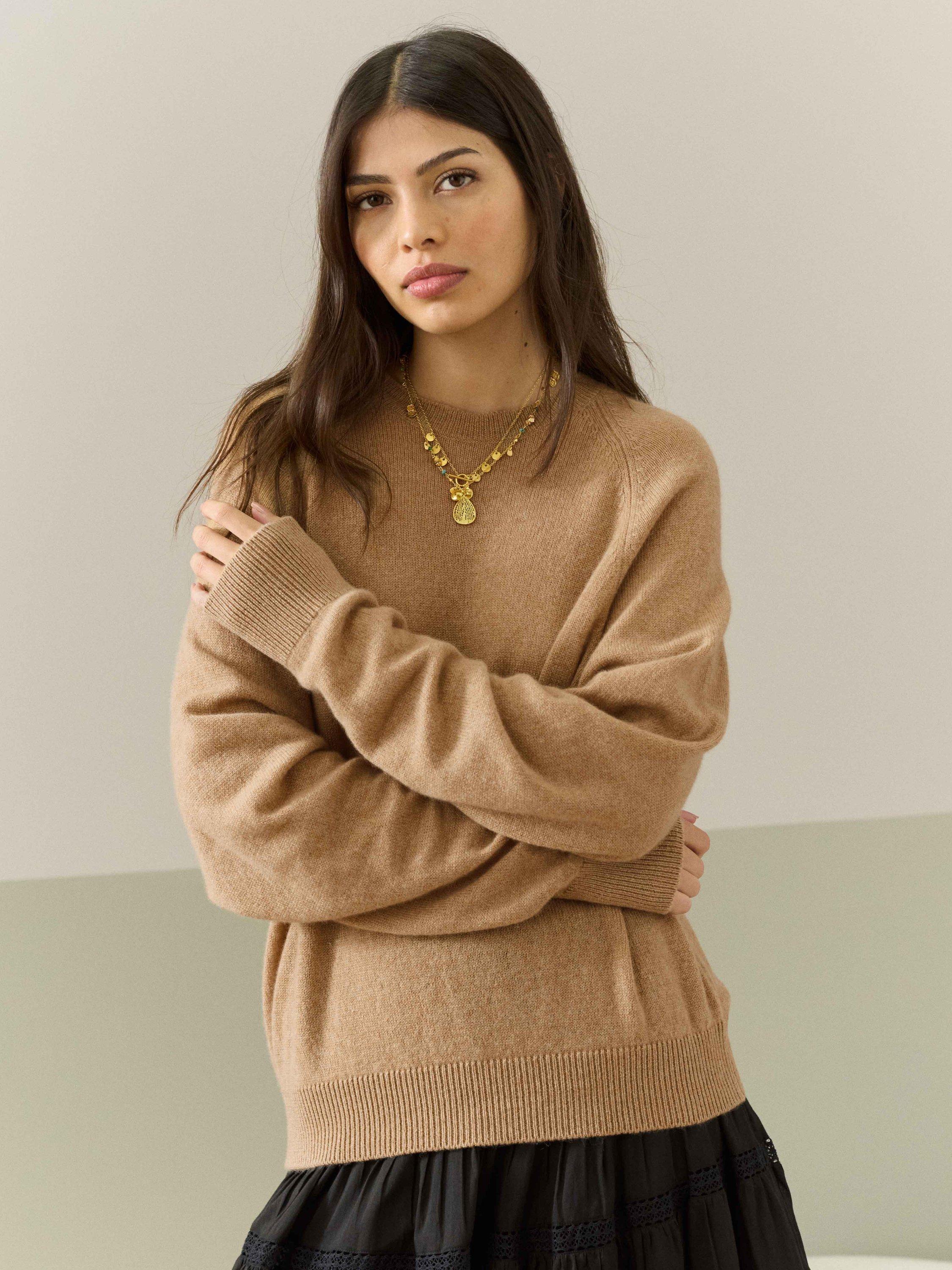 Product image 3 of 5, which shows Brora Gauzy Round Neck Pure Cashmere Jumper, Camel, 8-10