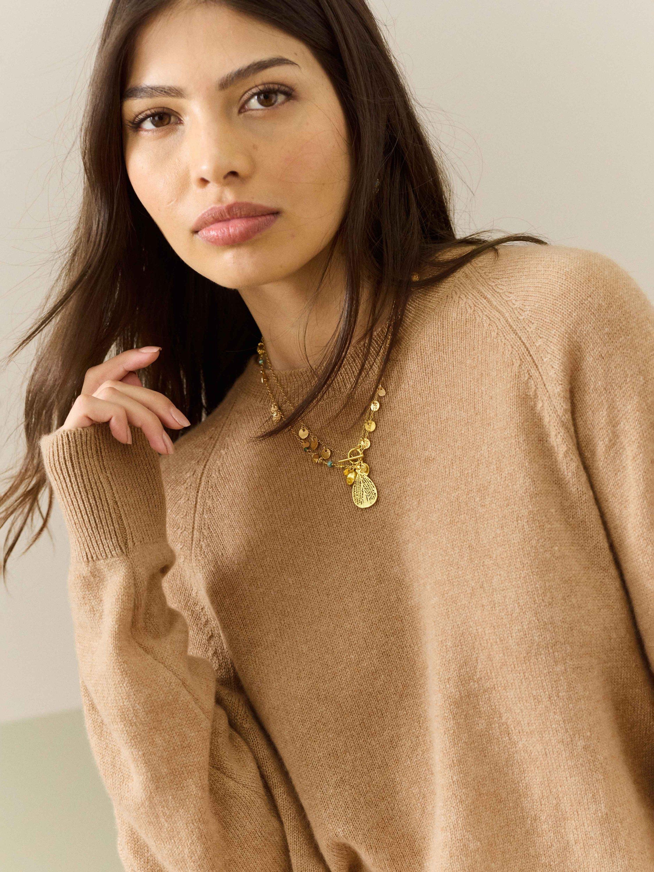 Product image 4 of 5, which shows Brora Gauzy Round Neck Pure Cashmere Jumper, Camel, 8-10
