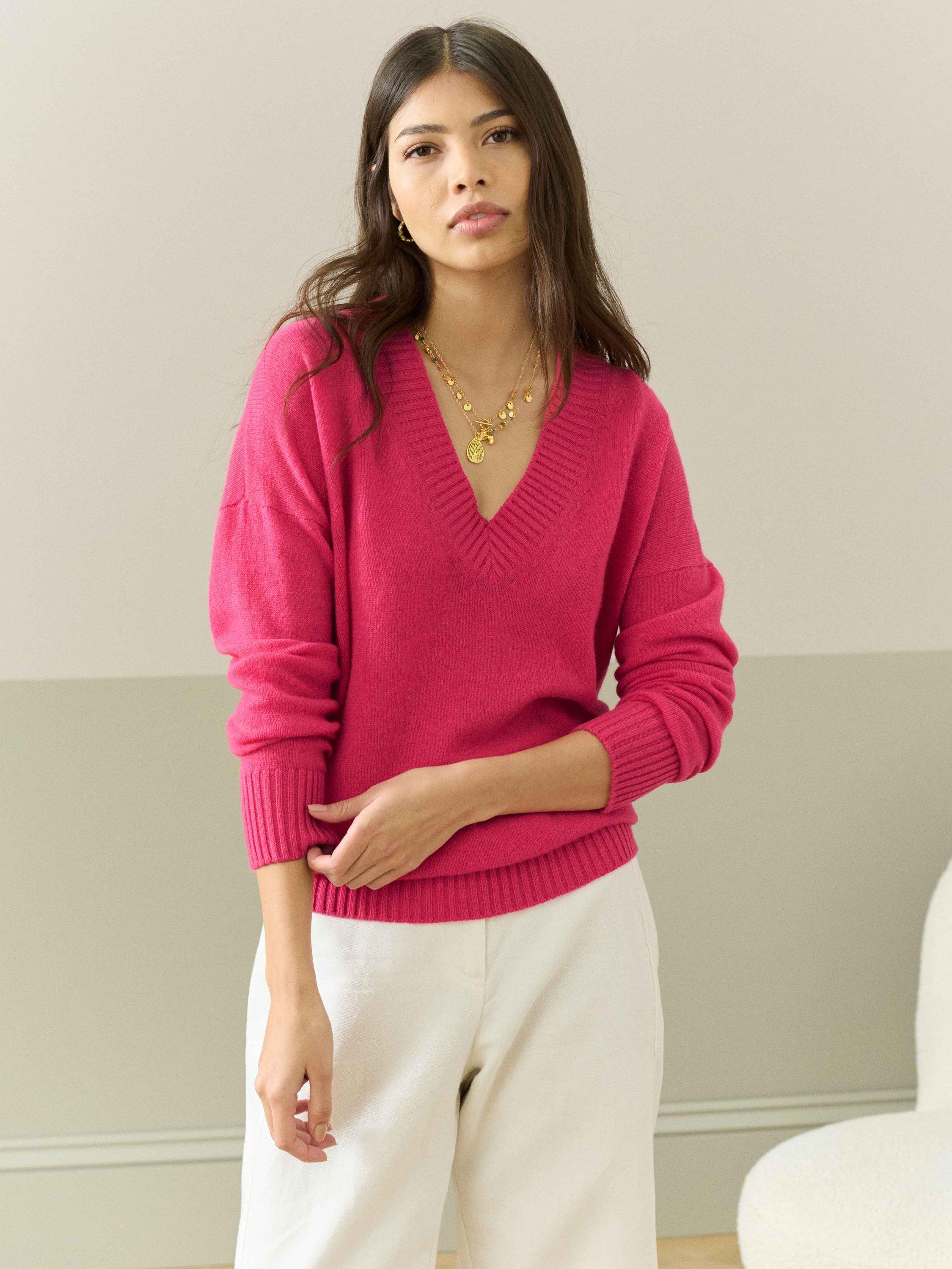 Product image 1 of 5, which shows Brora Gauzy V-Neck Pure Cashmere Jumper, Geranium, 12-14