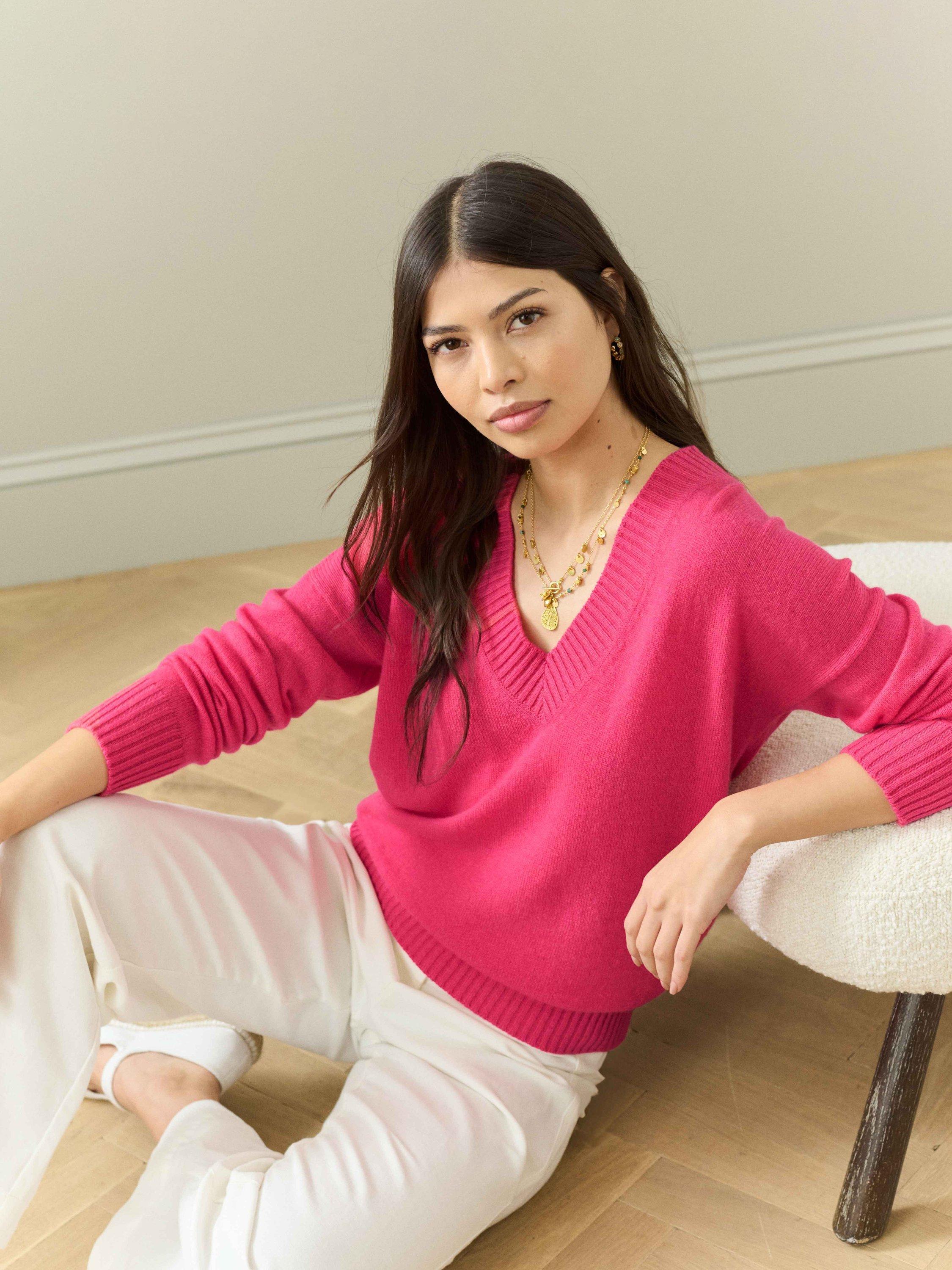 Product image 3 of 5, which shows Brora Gauzy V-Neck Pure Cashmere Jumper, Geranium, 12-14