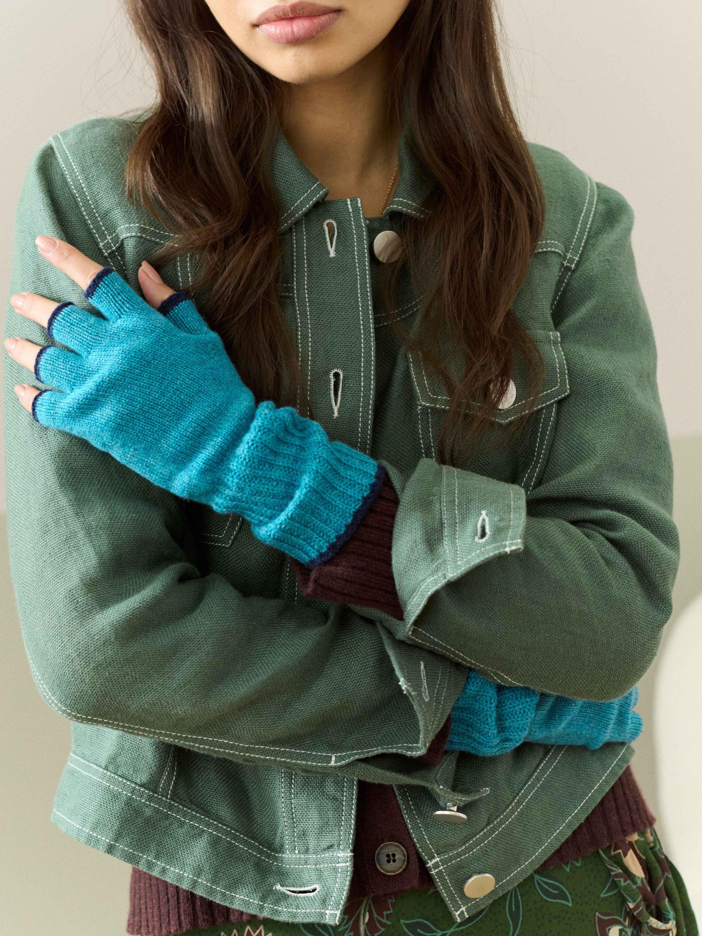 Product image 2 of 2, which shows Brora Contrast Trim Pure Cashmere Fingerless Gloves, Kingfisher & French Navy, One Size